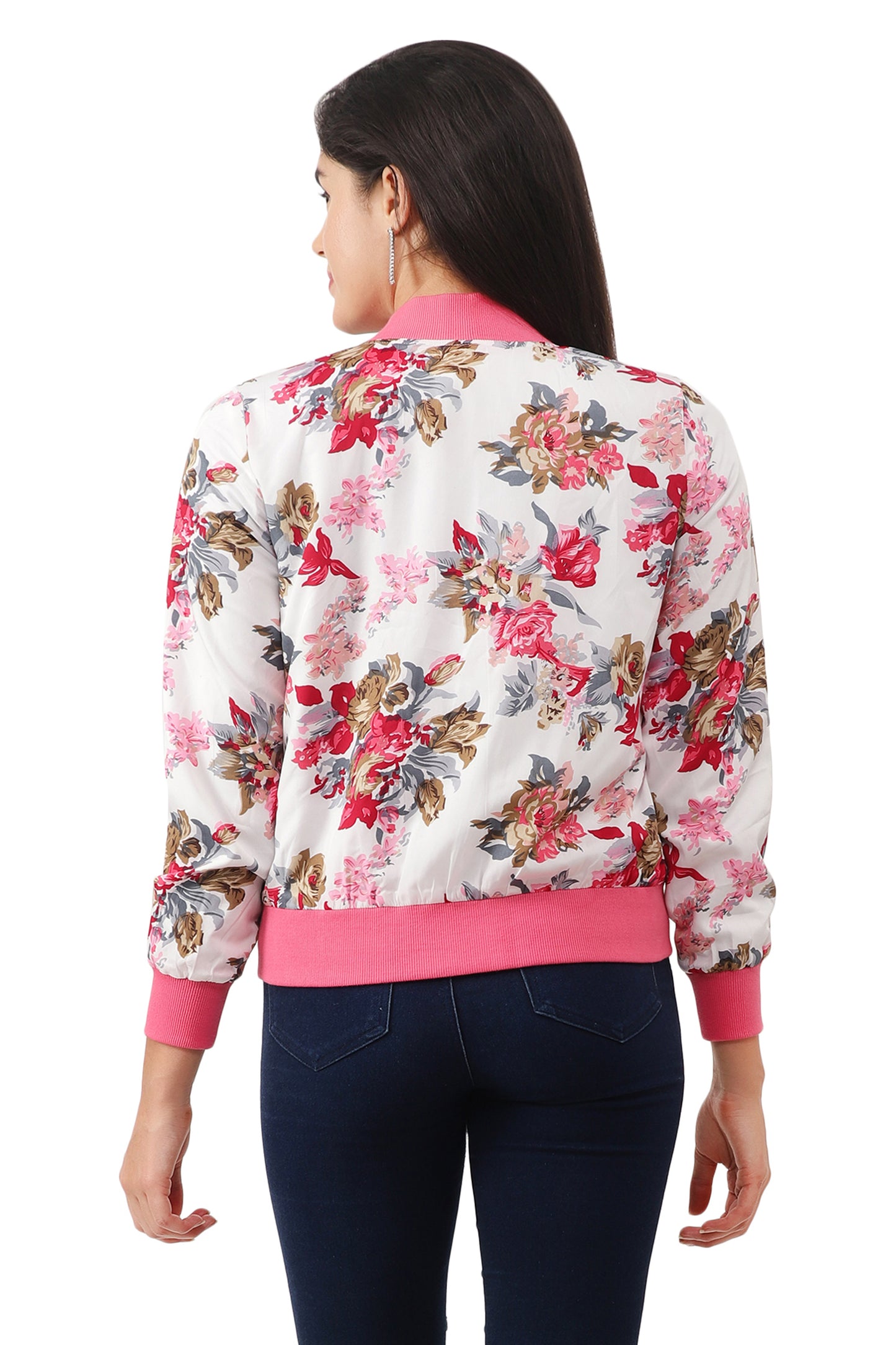 NUEVOSDAMAS Women Printed Full Sleeve Bomber jacket | Latest Stylish Floral Printed Women Jacket | Light Weight Crepe Jacket for women_ Pink/White