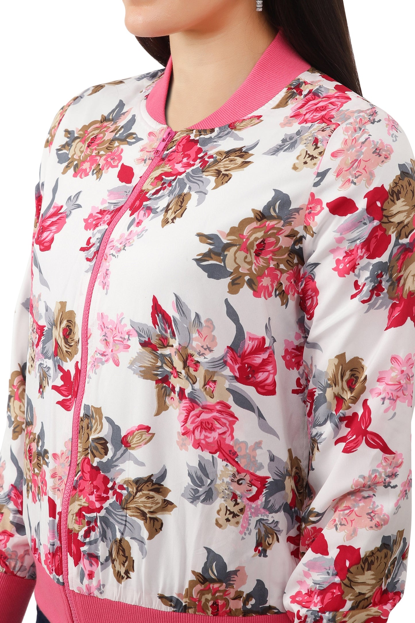 NUEVOSDAMAS Women Printed Full Sleeve Bomber jacket | Latest Stylish Floral Printed Women Jacket | Light Weight Crepe Jacket for women_ Pink/White