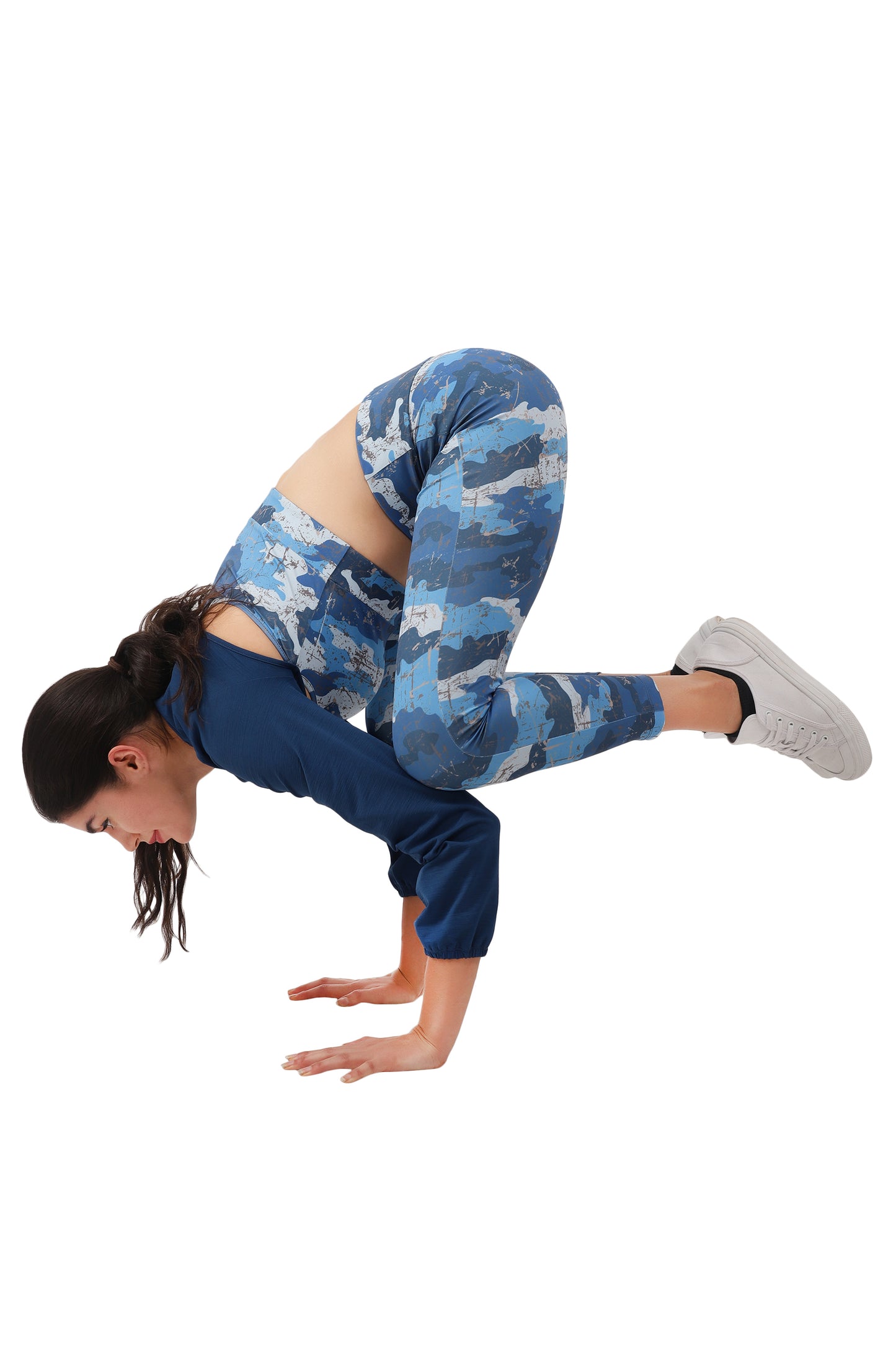 NUEVOSDAMAS BLUE CAMOUFLAGE PRINT DRY FIT FABRIC PADDED BRA TOP WITH ATTACHED FULL SLEEVE YOKE AND TRACK PANT - 3 PCS SET
