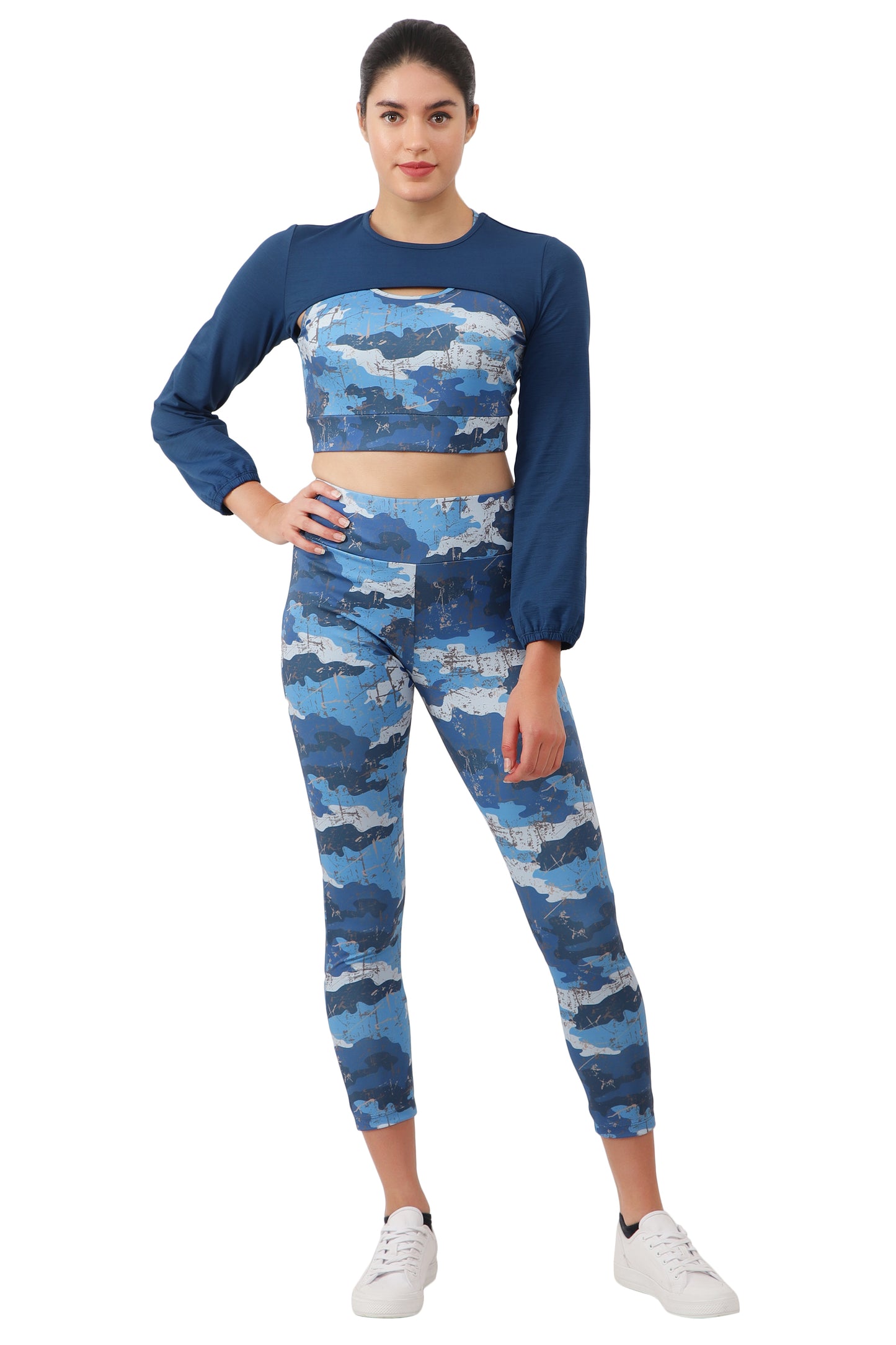 NUEVOSDAMAS BLUE CAMOUFLAGE PRINT DRY FIT FABRIC PADDED BRA TOP WITH ATTACHED FULL SLEEVE YOKE AND TRACK PANT - 3 PCS SET