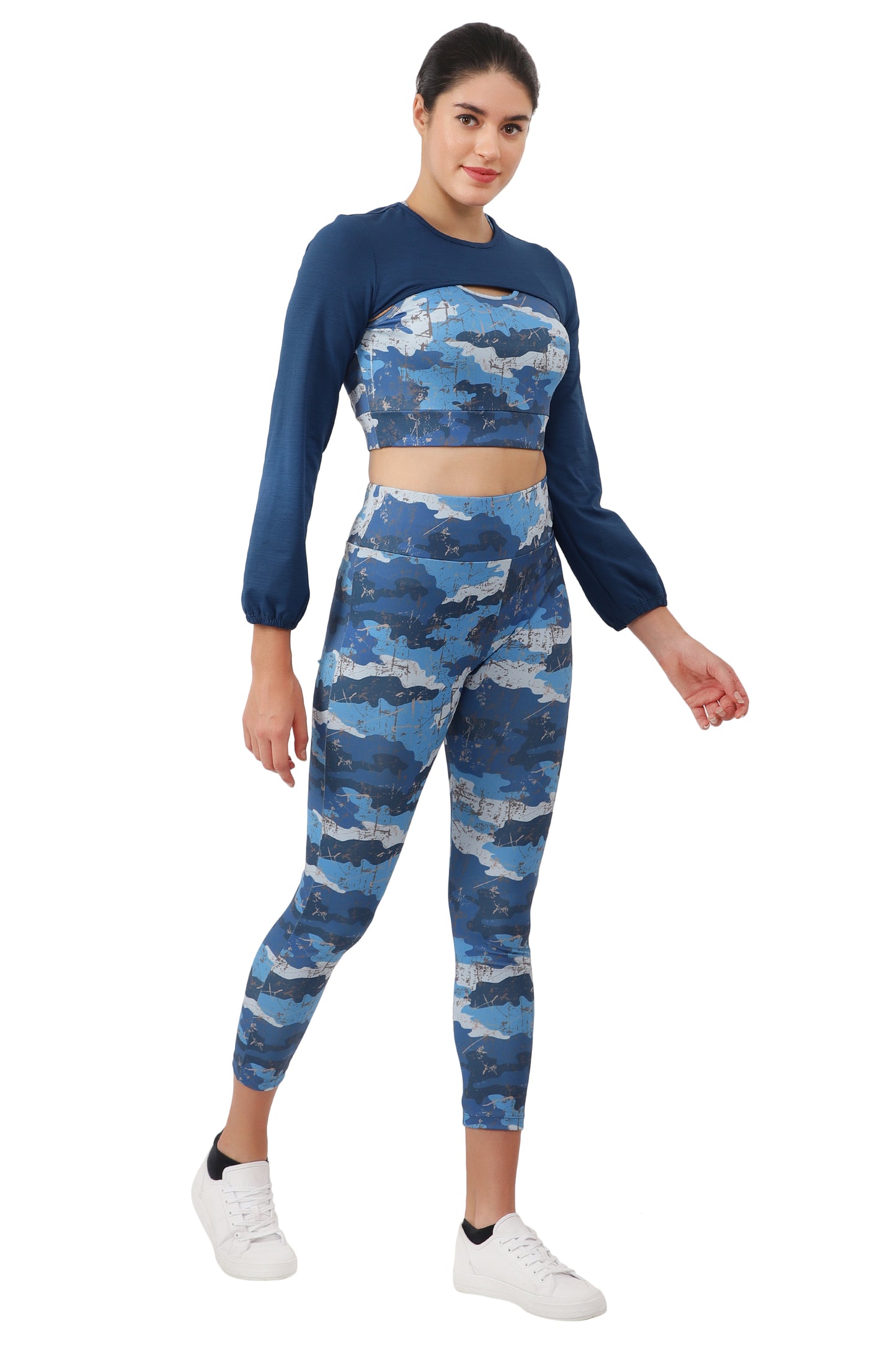 NUEVOSDAMAS BLUE CAMOUFLAGE PRINT DRY FIT FABRIC PADDED BRA TOP WITH ATTACHED FULL SLEEVE YOKE AND TRACK PANT - 3 PCS SET