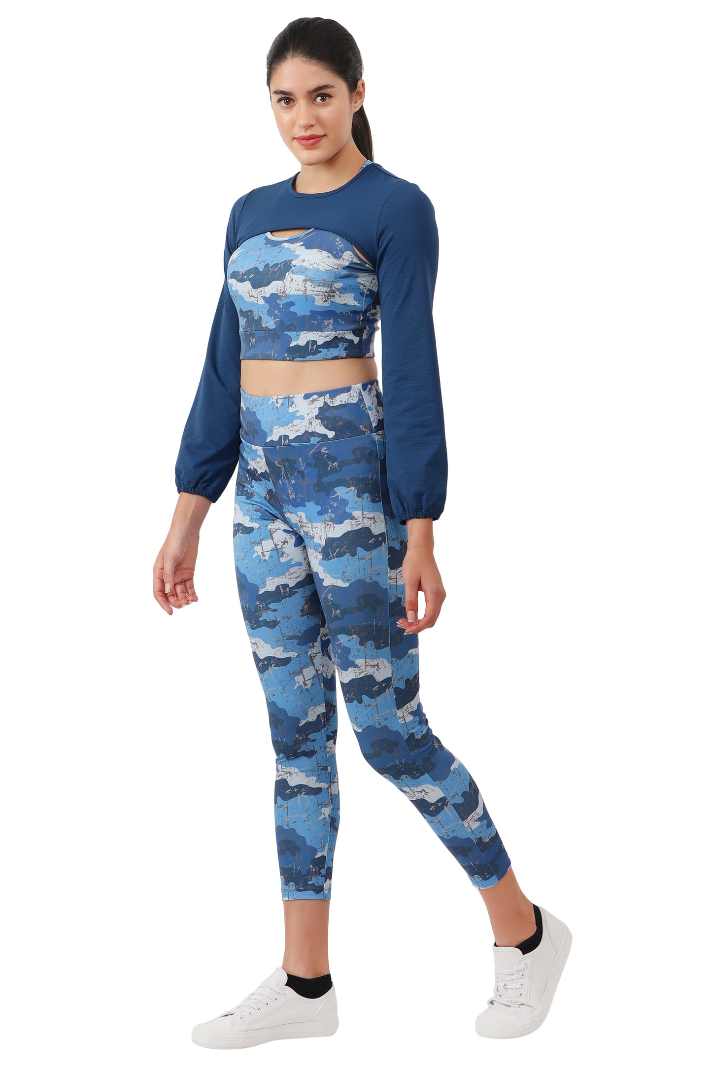 NUEVOSDAMAS BLUE CAMOUFLAGE PRINT DRY FIT FABRIC PADDED BRA TOP WITH ATTACHED FULL SLEEVE YOKE AND TRACK PANT - 3 PCS SET