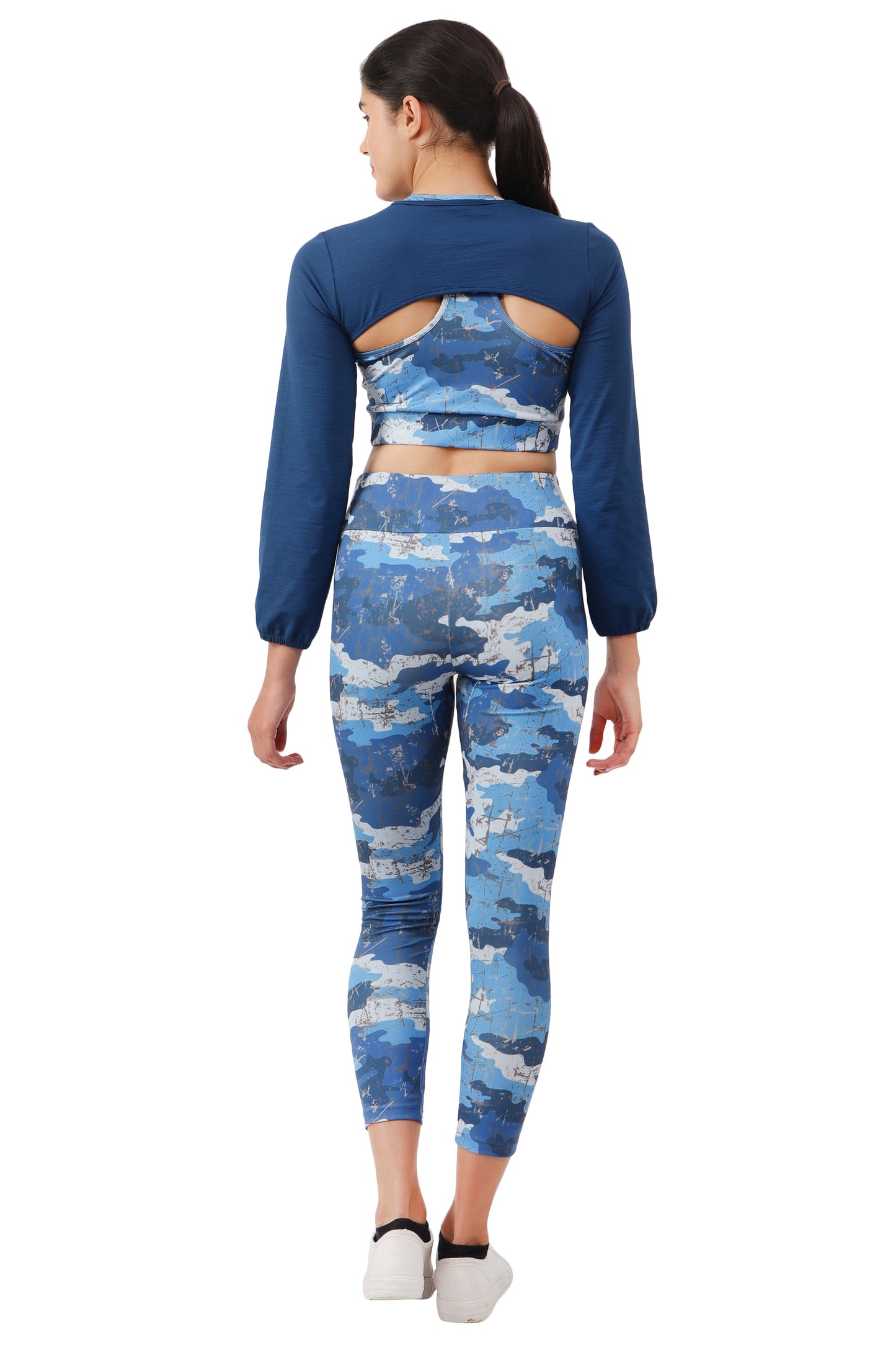 NUEVOSDAMAS BLUE CAMOUFLAGE PRINT DRY FIT FABRIC PADDED BRA TOP WITH ATTACHED FULL SLEEVE YOKE AND TRACK PANT - 3 PCS SET