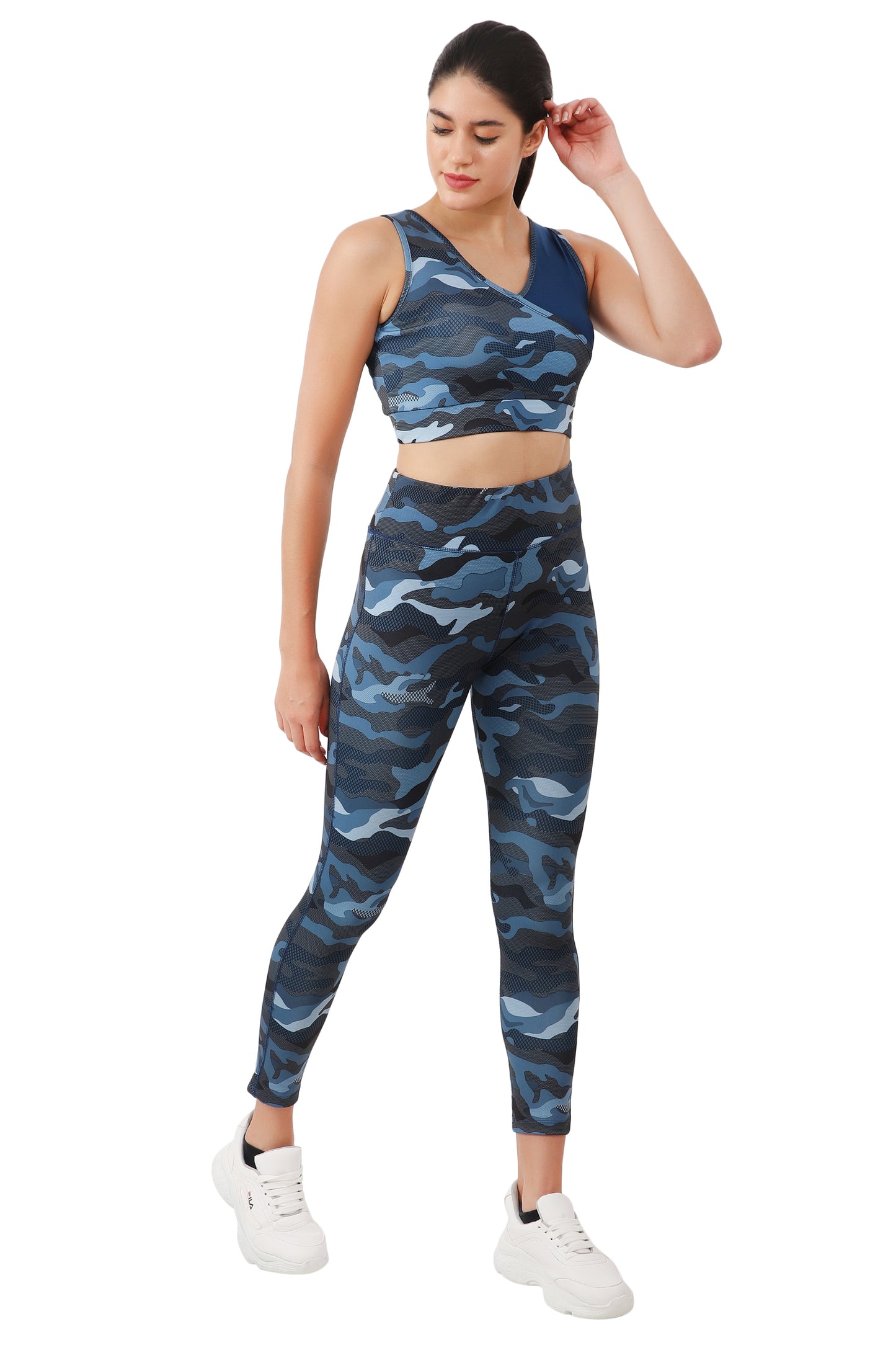 NUEVOSDAMAS Camaouflage Printed Women Active WearTracksuit | Gym Wear Padded Top And Bottom Set | Dry Fit Women Active Wear Combo Set_black/ blue