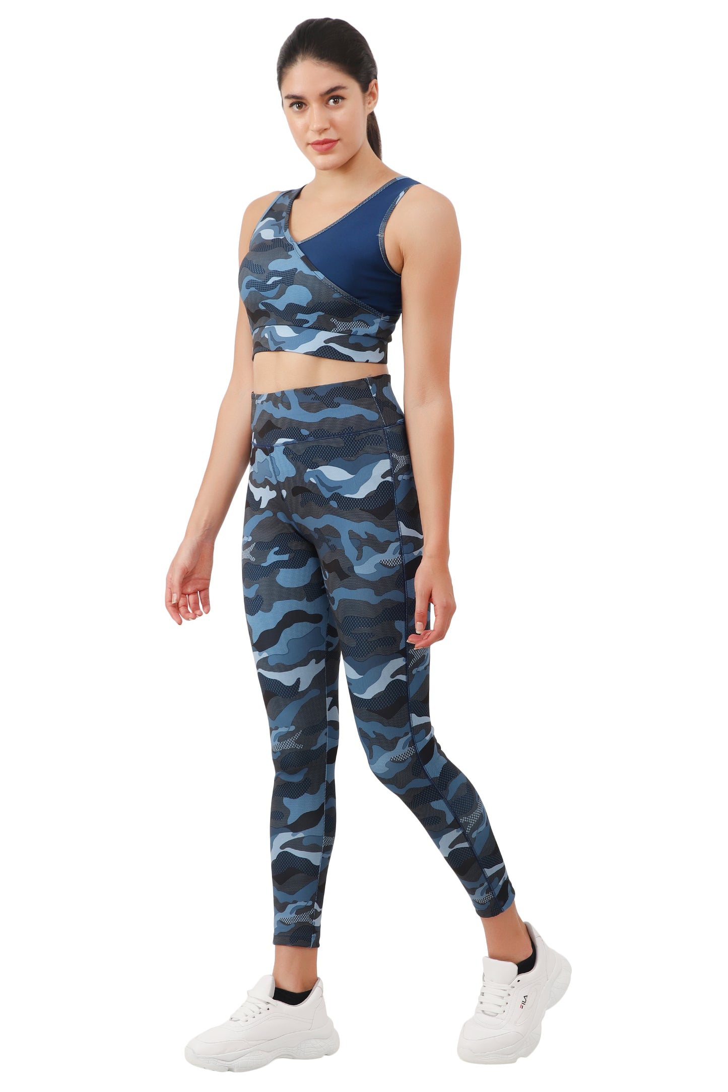 NUEVOSDAMAS Camaouflage Printed Women Active WearTracksuit | Gym Wear Padded Top And Bottom Set | Dry Fit Women Active Wear Combo Set_black/ blue