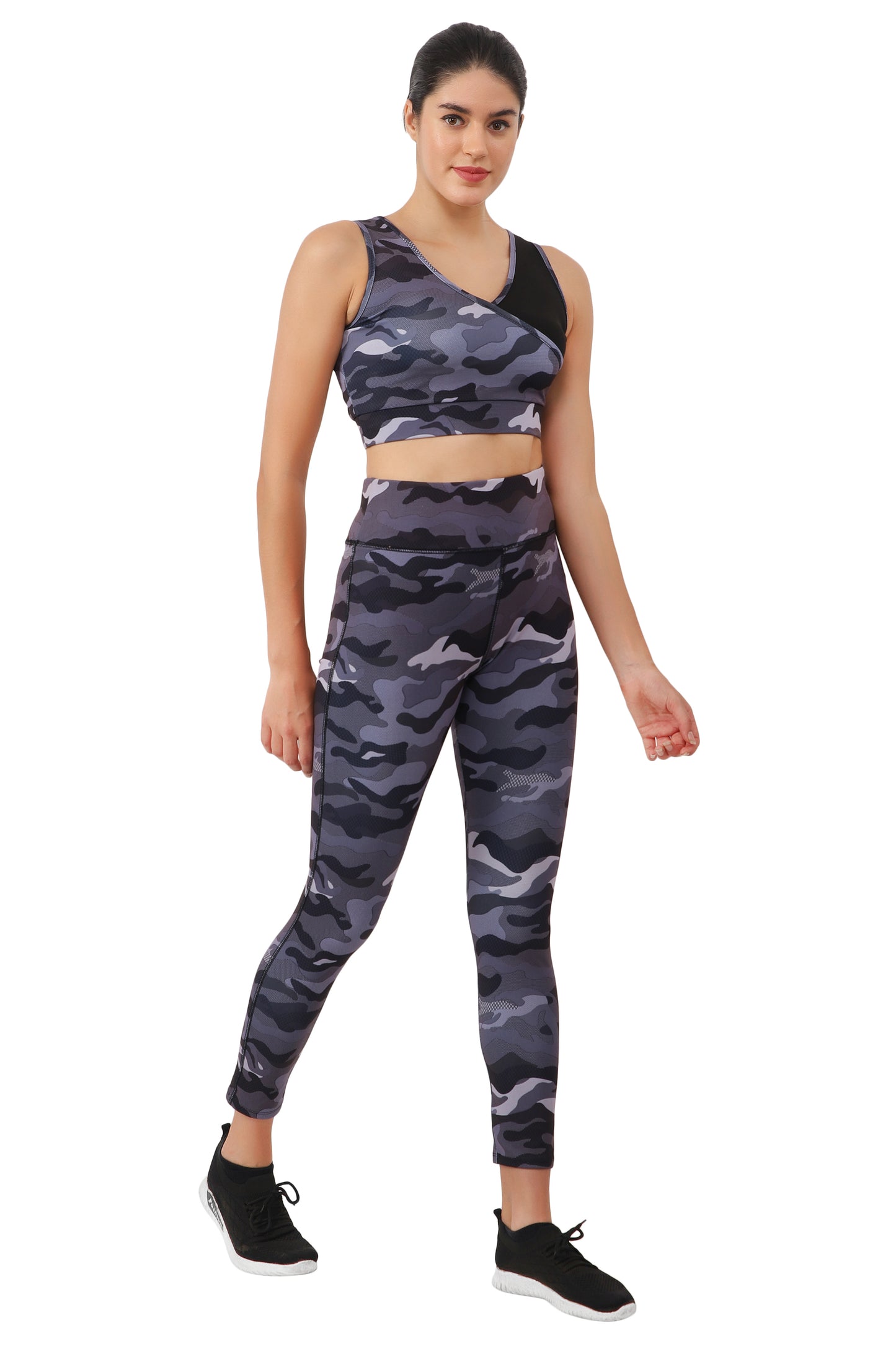 NUEVOSDAMAS Camaouflage Printed Women Active WearTracksuit | Gym Wear Padded Top And Bottom Set | Dry Fit Women Active Wear Combo Set_purple