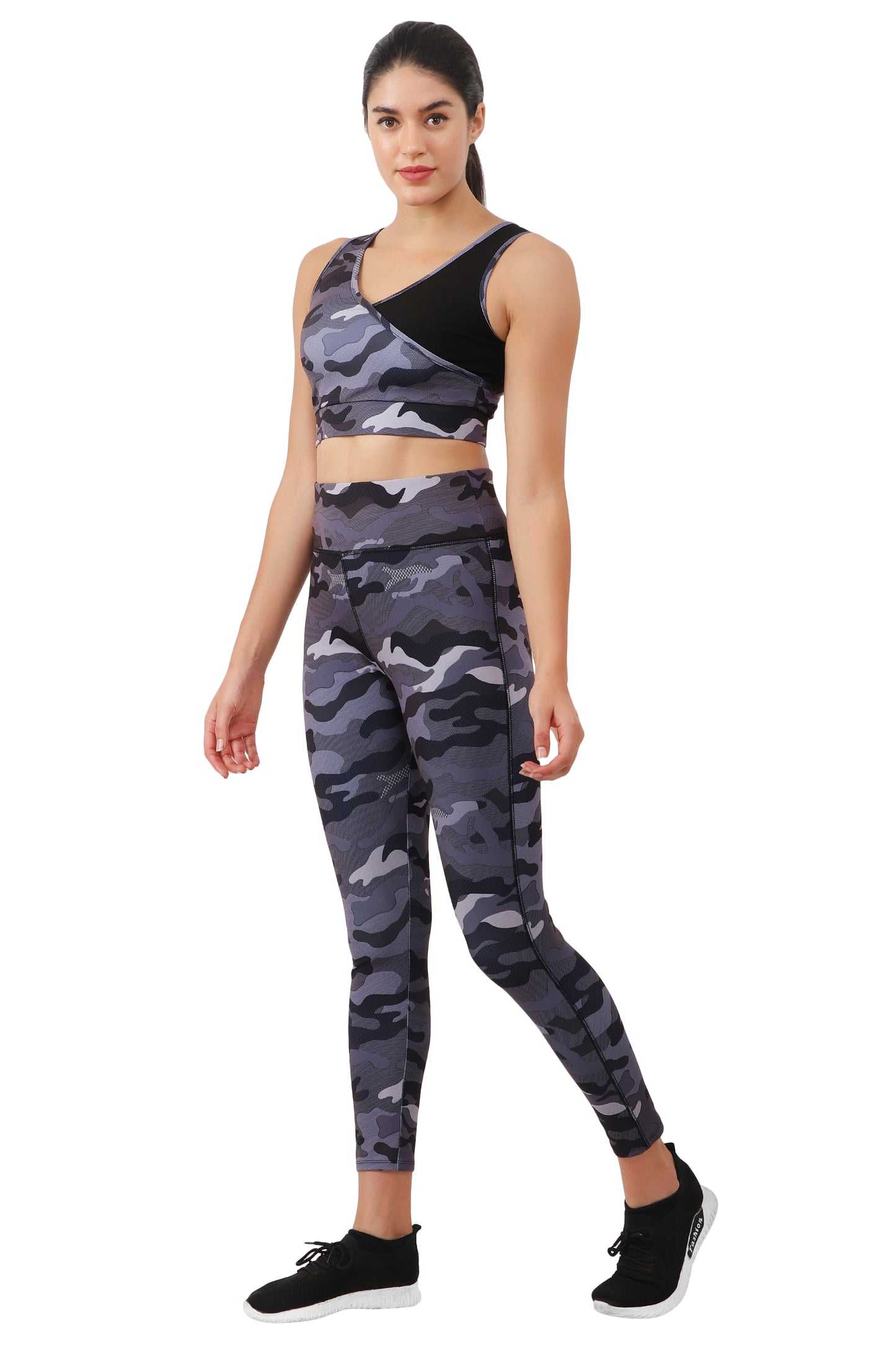 NUEVOSDAMAS Camaouflage Printed Women Active WearTracksuit | Gym Wear Padded Top And Bottom Set | Dry Fit Women Active Wear Combo Set_purple