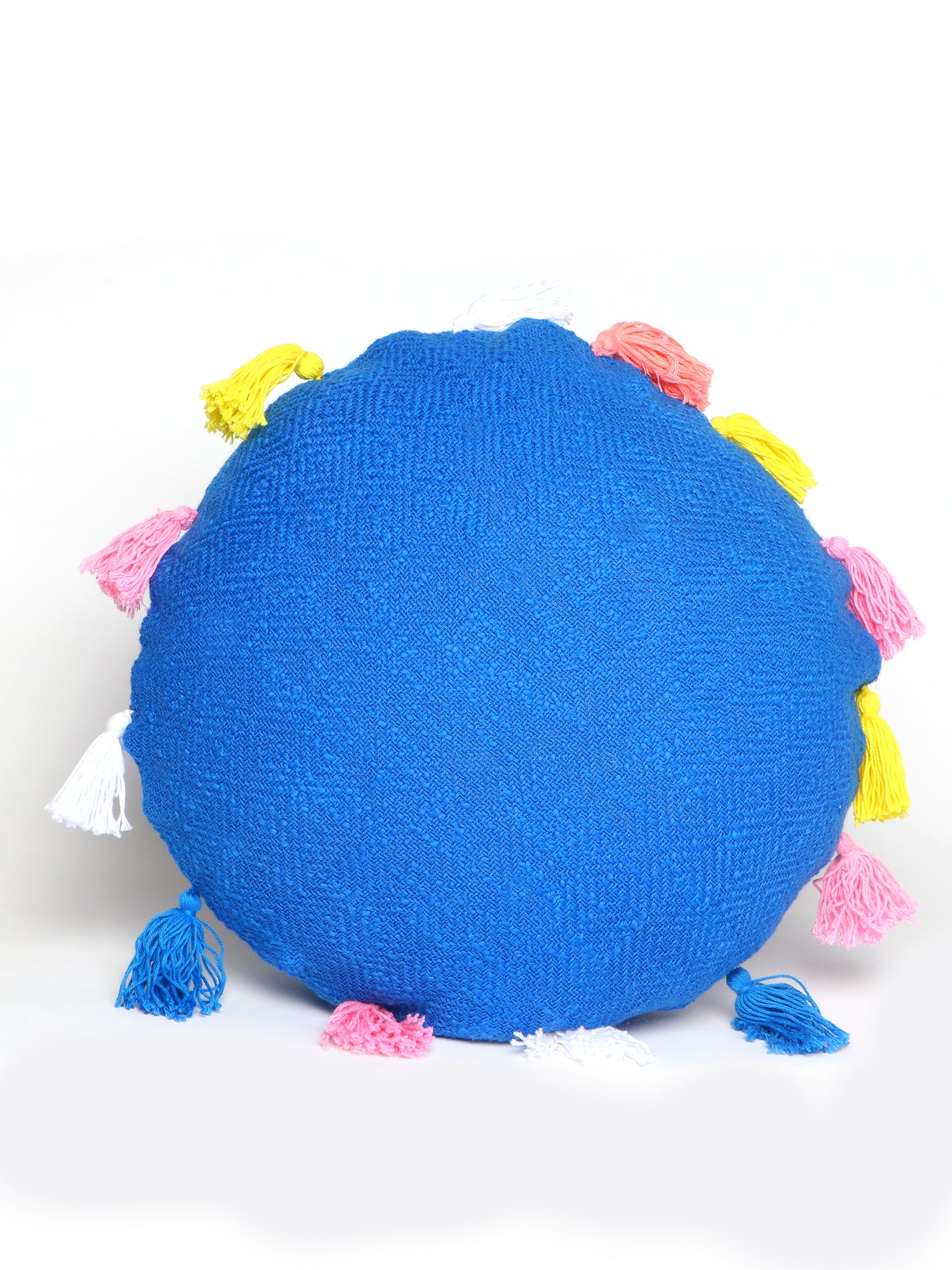 NUEVOSGHAR Pure Cotton Cushion Cover| Round Cushion Cover | Tassles Cushion Cover | Bohemian Cushion Cover | Decorative Sofa/Bed Cushion Cover (Pack of 1 Peice) (16X16 Inch)_Blue