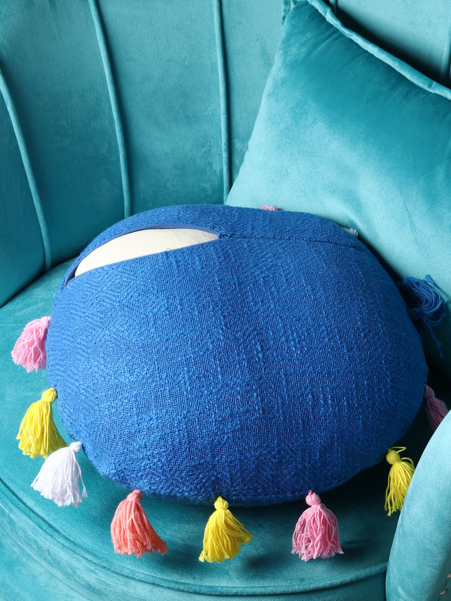 NUEVOSGHAR Pure Cotton Cushion Cover| Round Cushion Cover | Tassles Cushion Cover | Bohemian Cushion Cover | Decorative Sofa/Bed Cushion Cover (Pack of 1 Peice) (16X16 Inch)_Blue