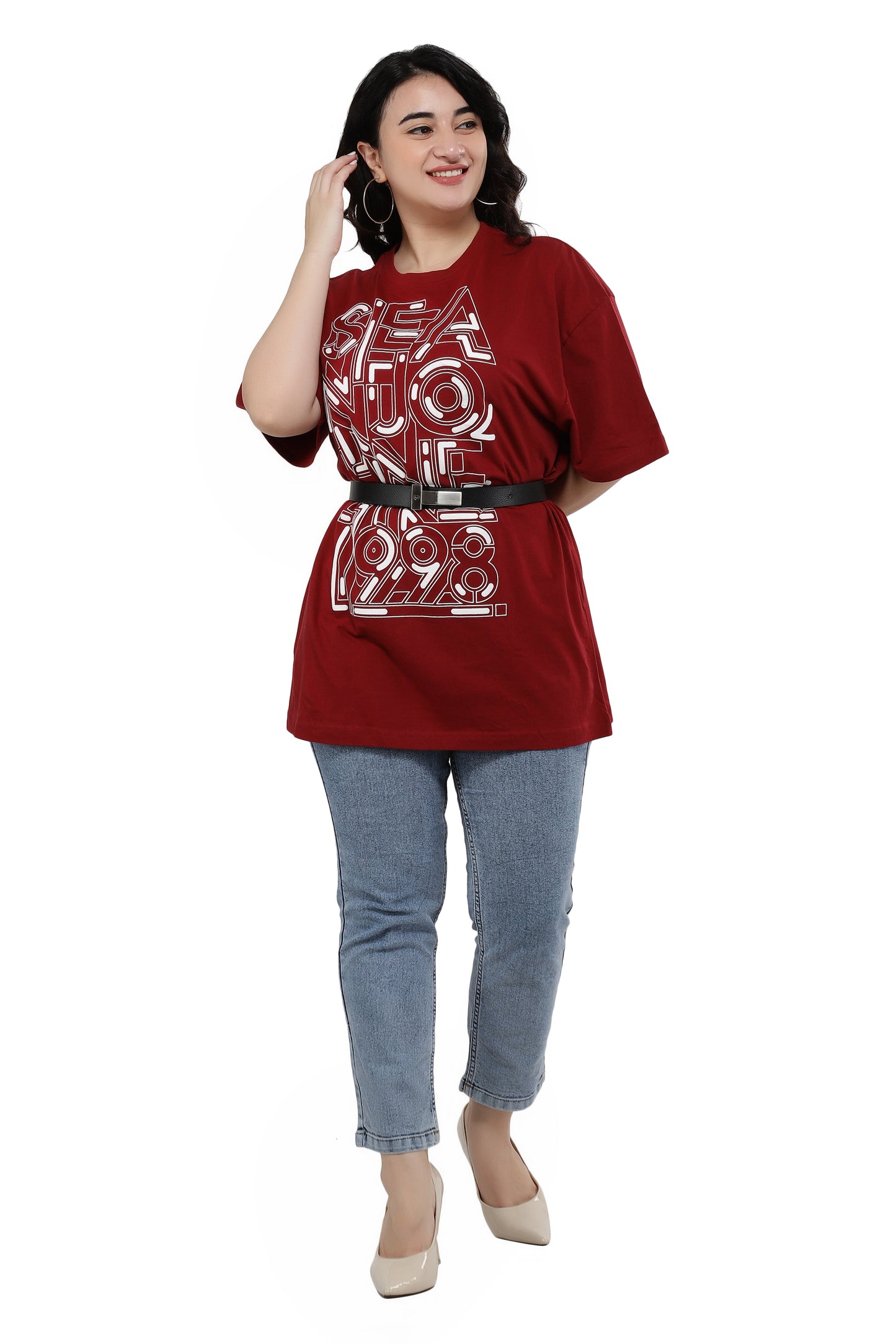 NUEVOSDAMAS Women Cotton Graphic Printed Half Sleeve Women's Maroon T-Shirt