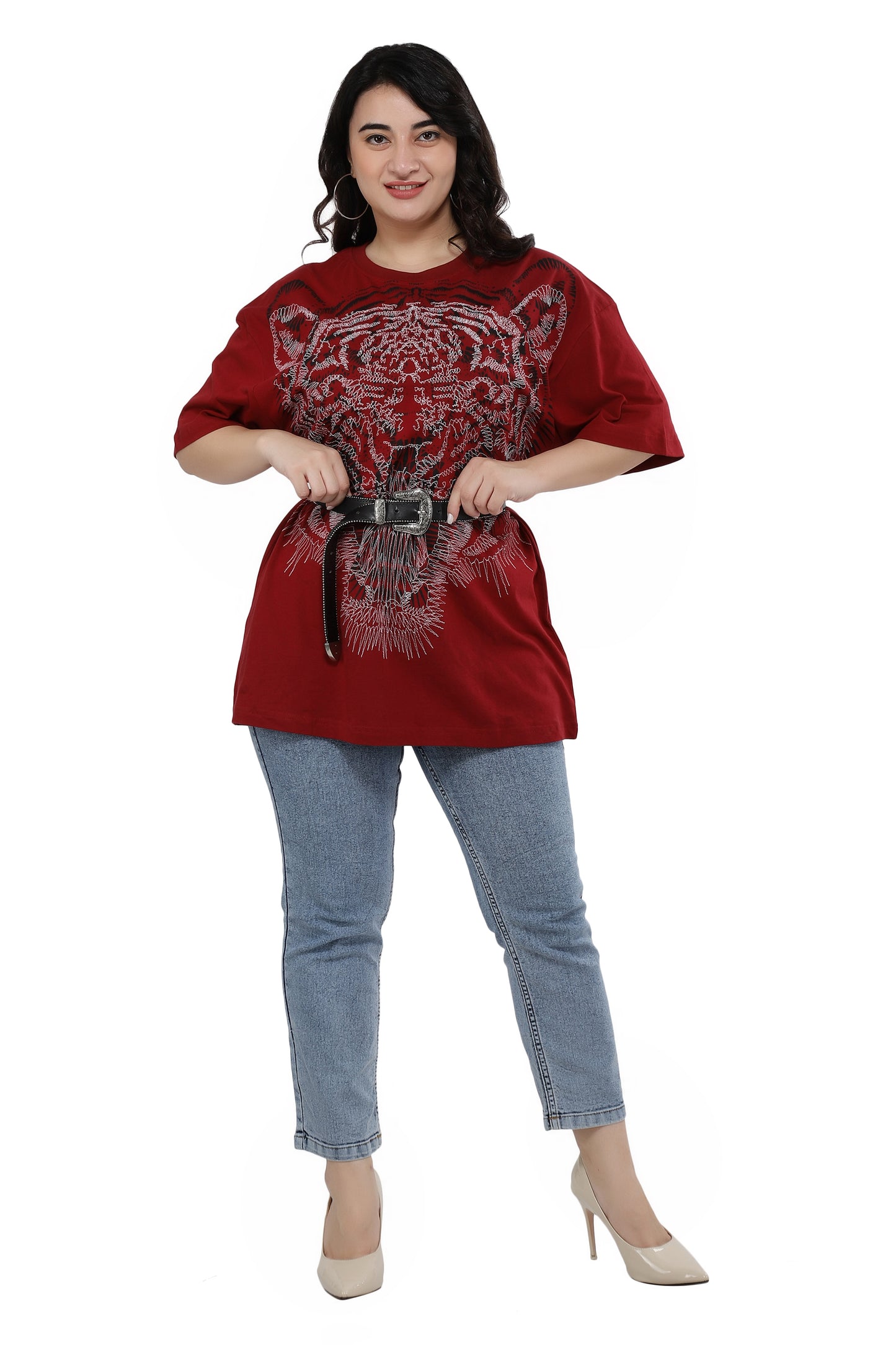 NUEVOSDAMAS Women Cotton Lion Printed Half Sleeve Women's Maroon T-Shirt