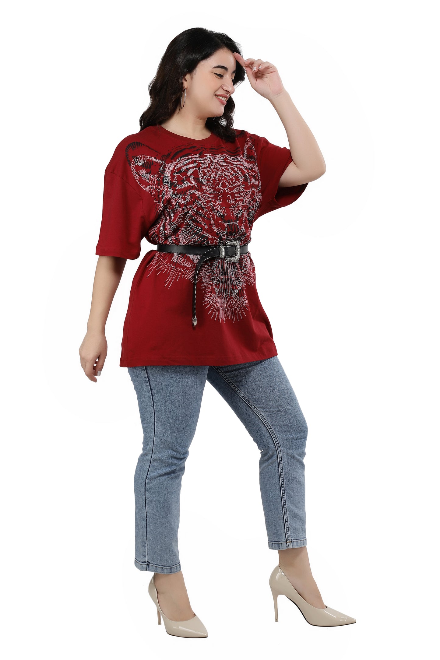 NUEVOSDAMAS Women Cotton Lion Printed Half Sleeve Women's Maroon T-Shirt