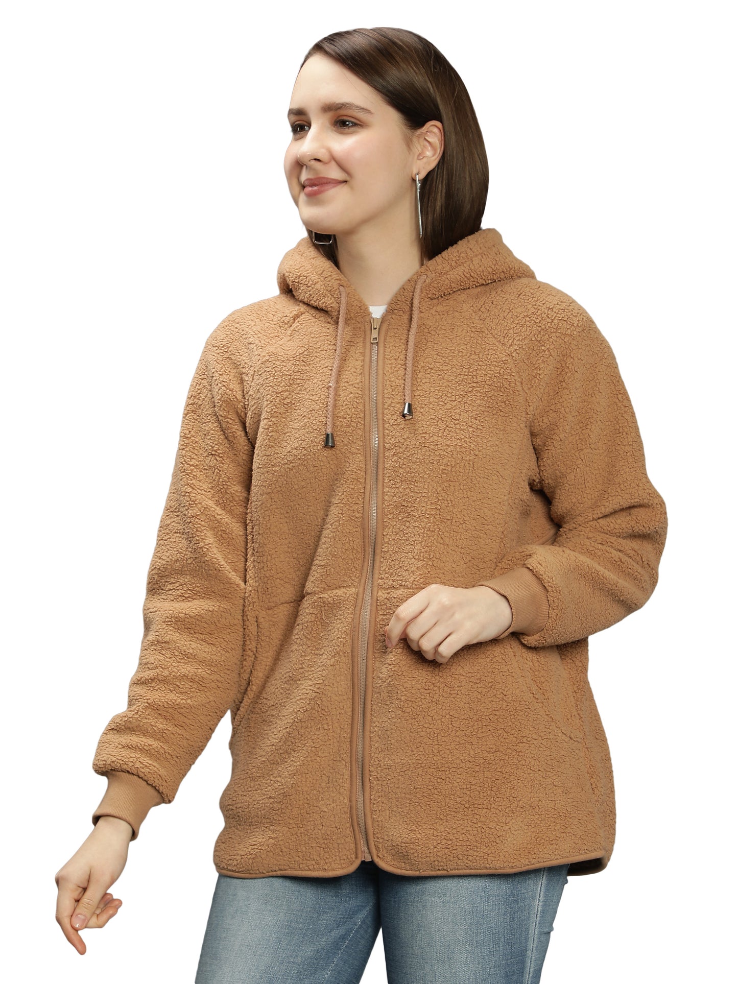 NUEVOSDAMAS Solid Beige Color Winter Sherpa Fur Hooded Jacket with Front Zipper Closer