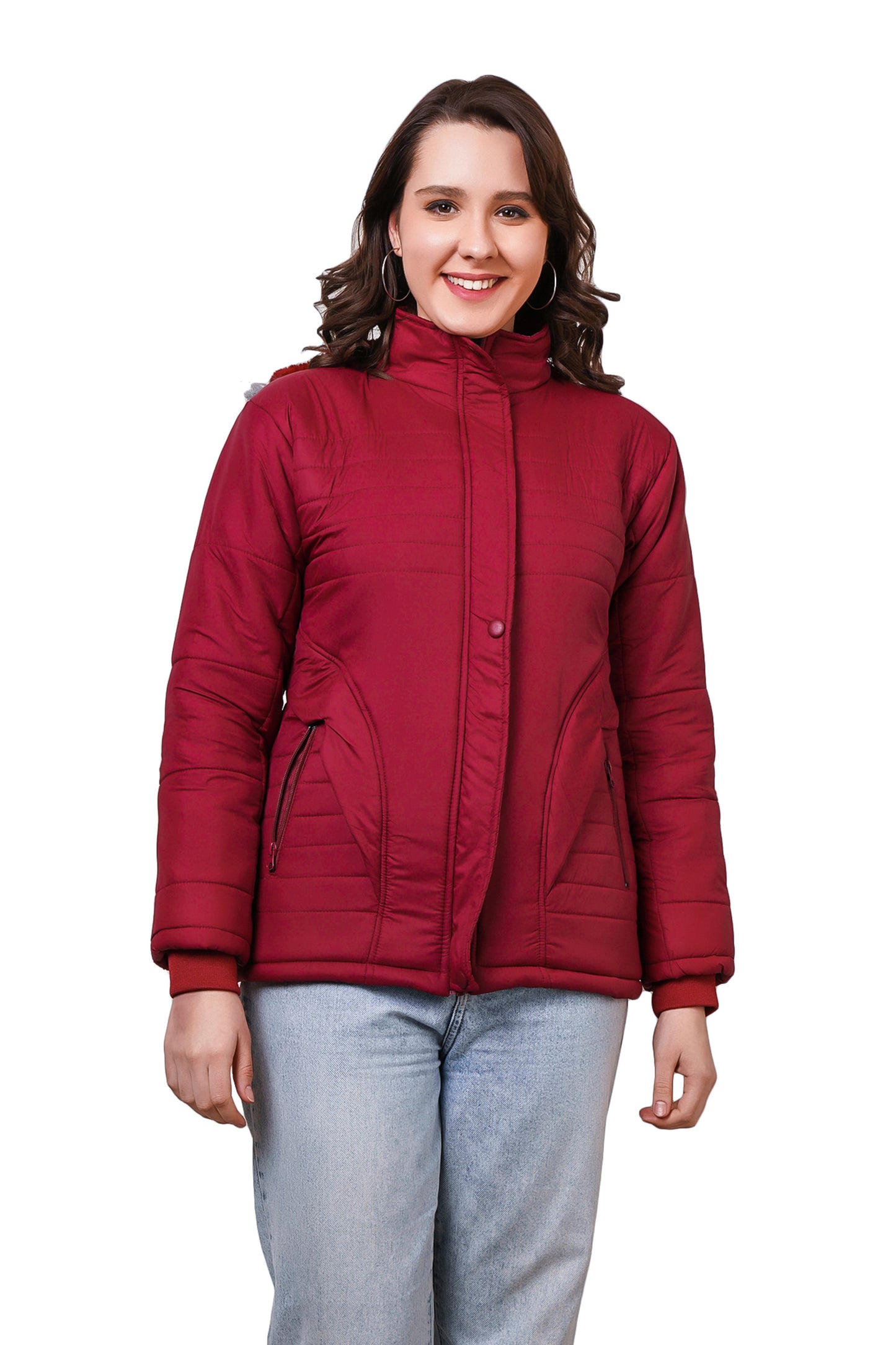 NUEVOSDAMAS Women Solid Maroon Full Sleeve Puffer Jacket With Detachable Hood