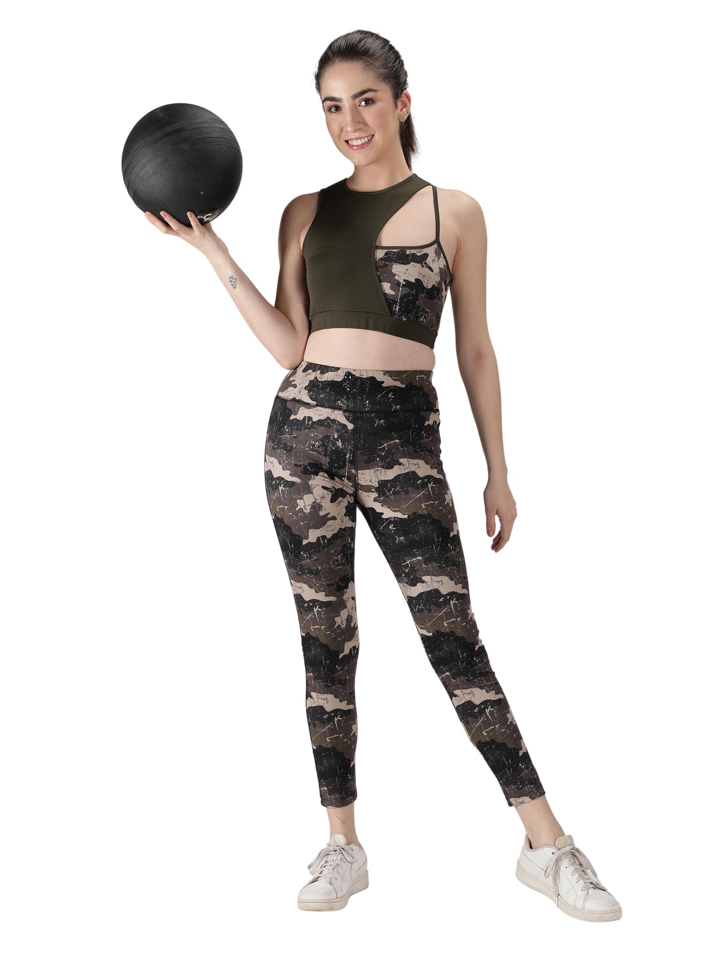 NUEVOSDAMAS Camaouflage Printed Women Active WearTracksuit | Gym Wear Padded Top And Bottom Set | Dry Fit Women Active Wear Combo Set_olive green