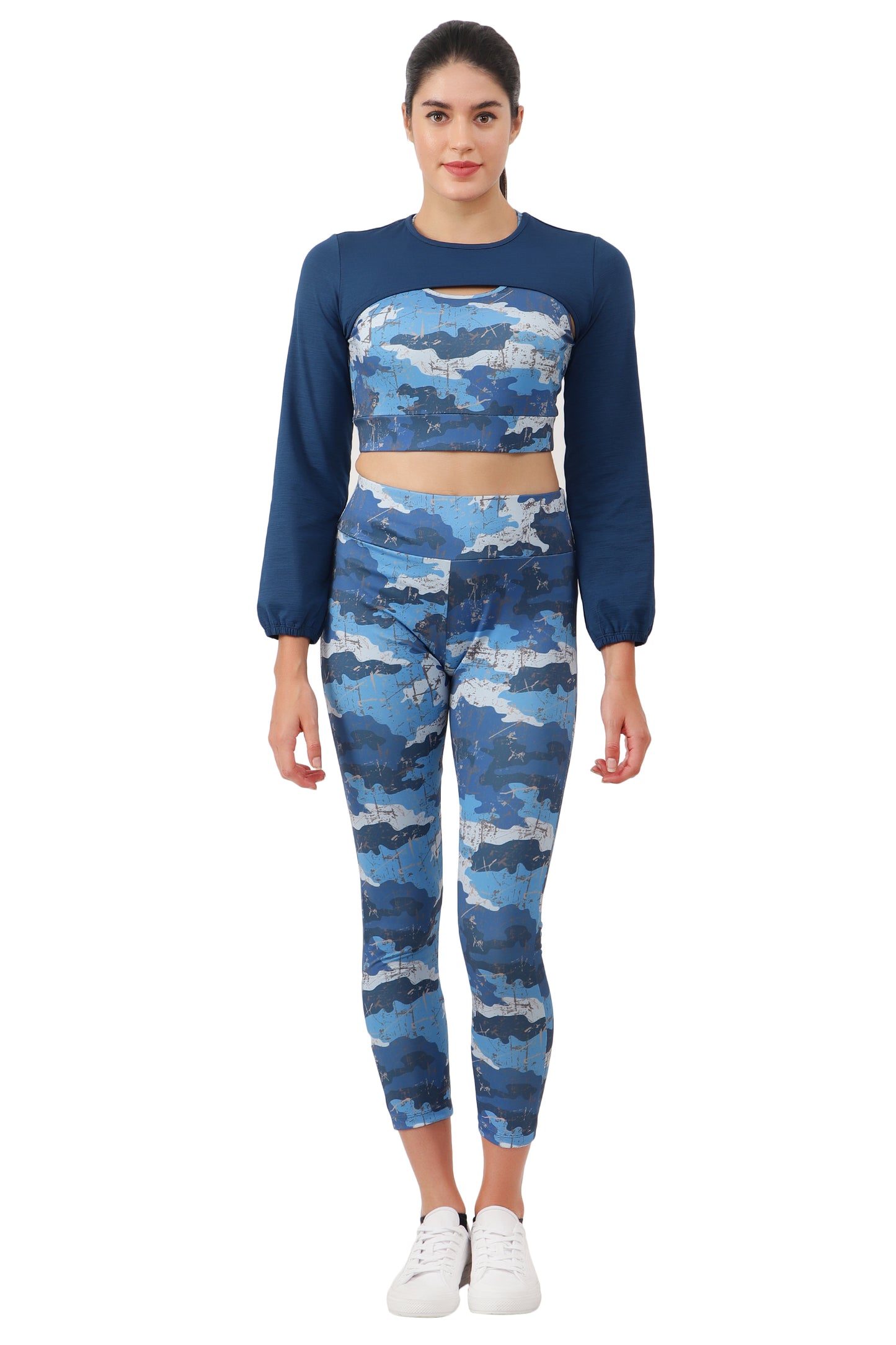 NUEVOSDAMAS BLUE CAMOUFLAGE PRINT DRY FIT FABRIC PADDED BRA TOP WITH ATTACHED FULL SLEEVE YOKE AND TRACK PANT - 3 PCS SET