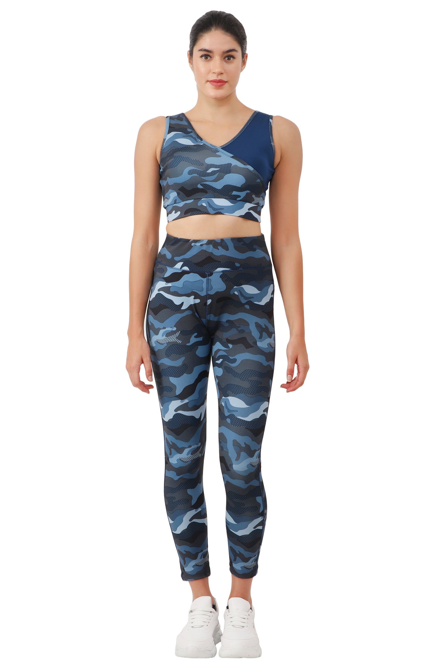 NUEVOSDAMAS Camaouflage Printed Women Active WearTracksuit | Gym Wear Padded Top And Bottom Set | Dry Fit Women Active Wear Combo Set_black/ blue