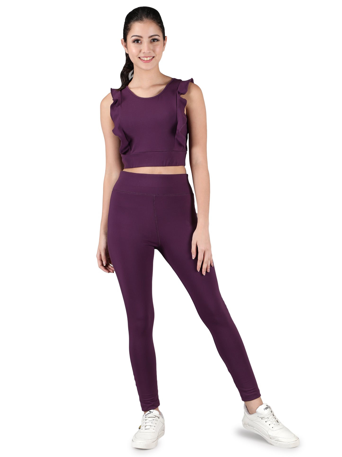 NUEVOSDAMAS Women Solid Purple Active Wear Tracksuit | Gym Wear Padded Top And Bottom Set | Dry Fit Women Active Wear Combo Set