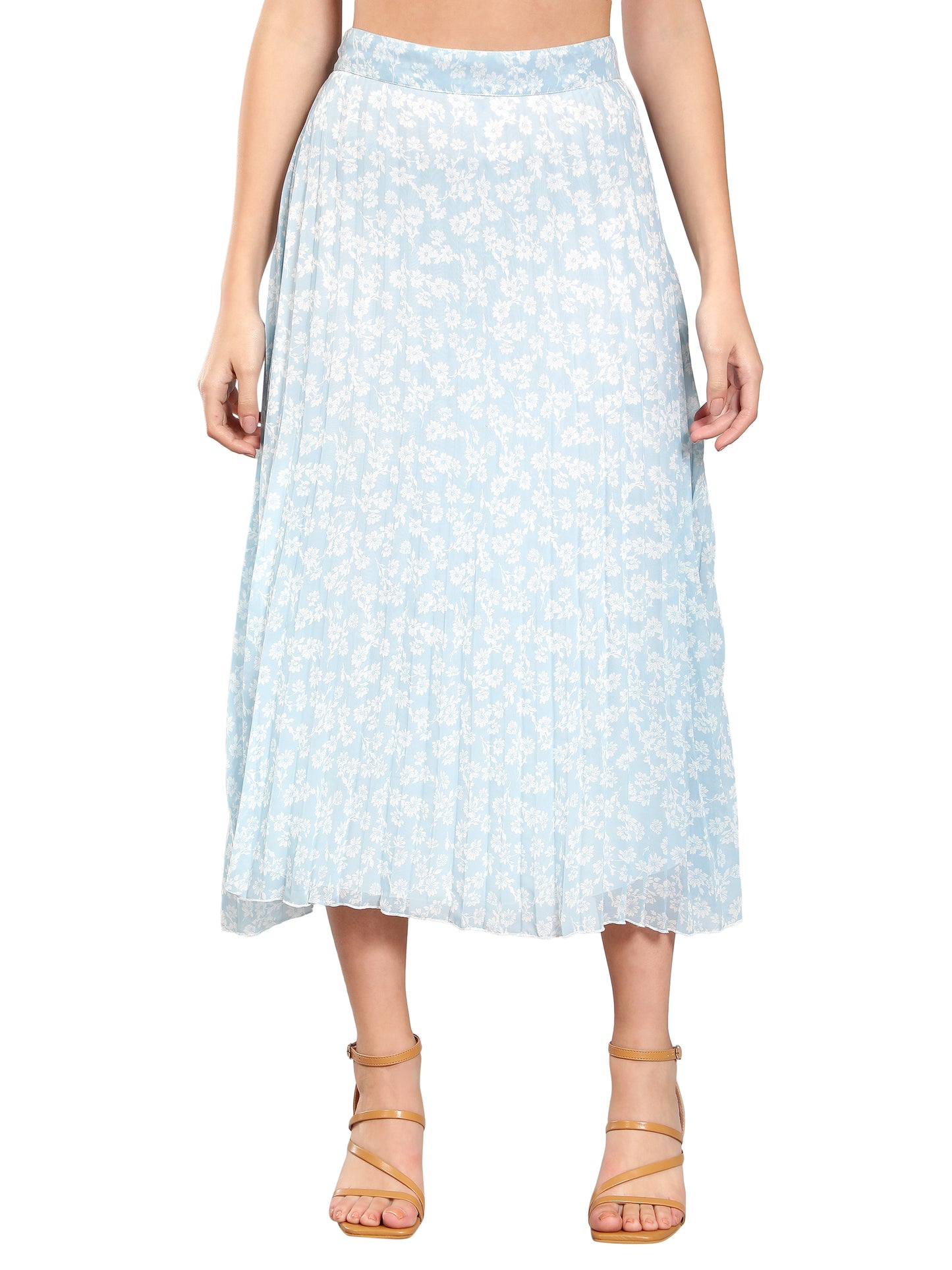 NUEVOSDAMAS Women Georgette Floral Printed Pleated Light Blue Skirt