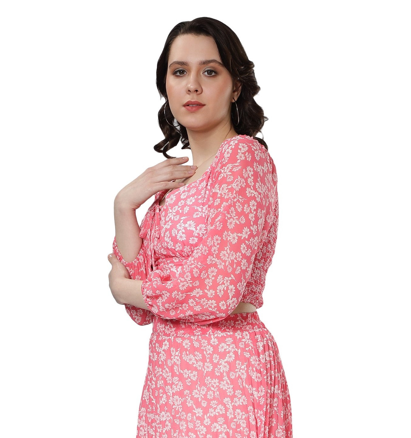 NUEVOSDAMAS Georgette Floral Printed Balloon Sleeve Pink Top