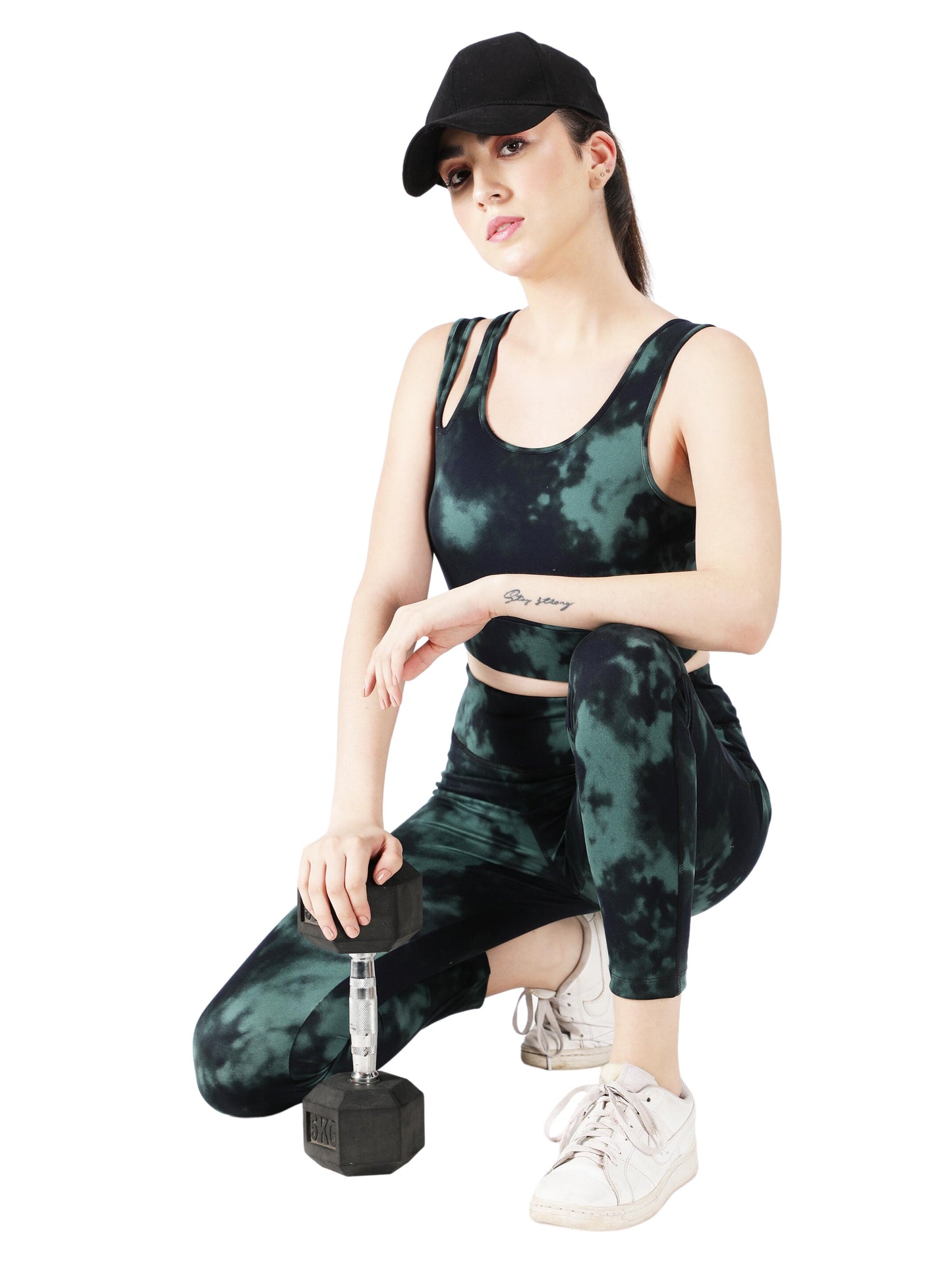 NUEVOSDAMAS Tie & Dye Women Active WearTracksuit | Gym Wear Padded Top And Bottom Set | Dry Fit Women Active Wear Combo Set_Green