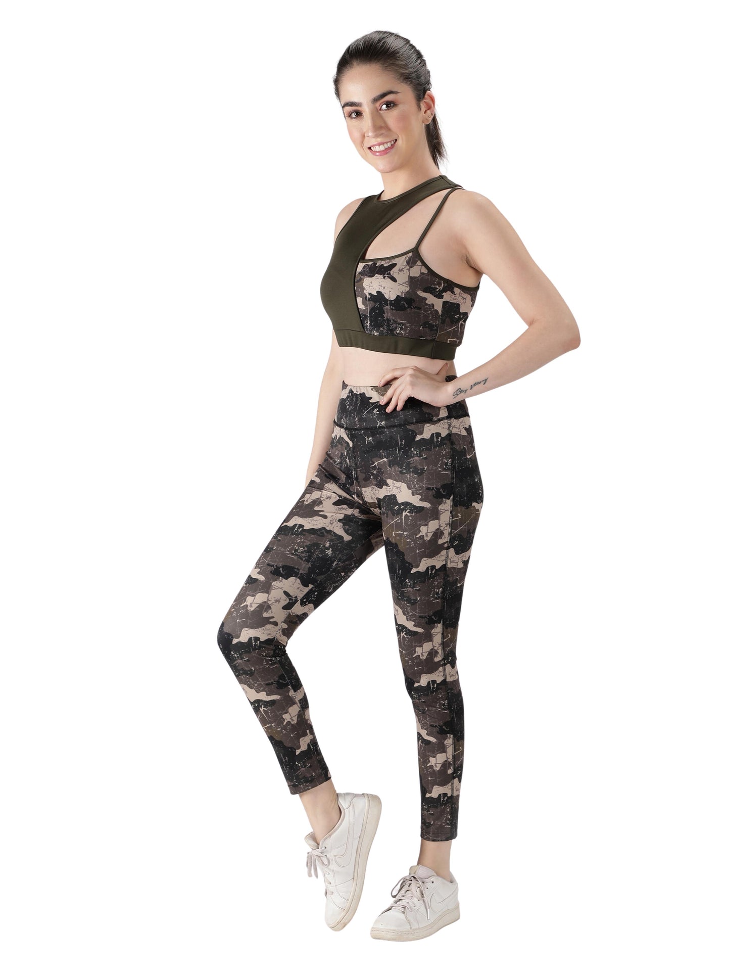 NUEVOSDAMAS Camaouflage Printed Women Active WearTracksuit | Gym Wear Padded Top And Bottom Set | Dry Fit Women Active Wear Combo Set_olive green