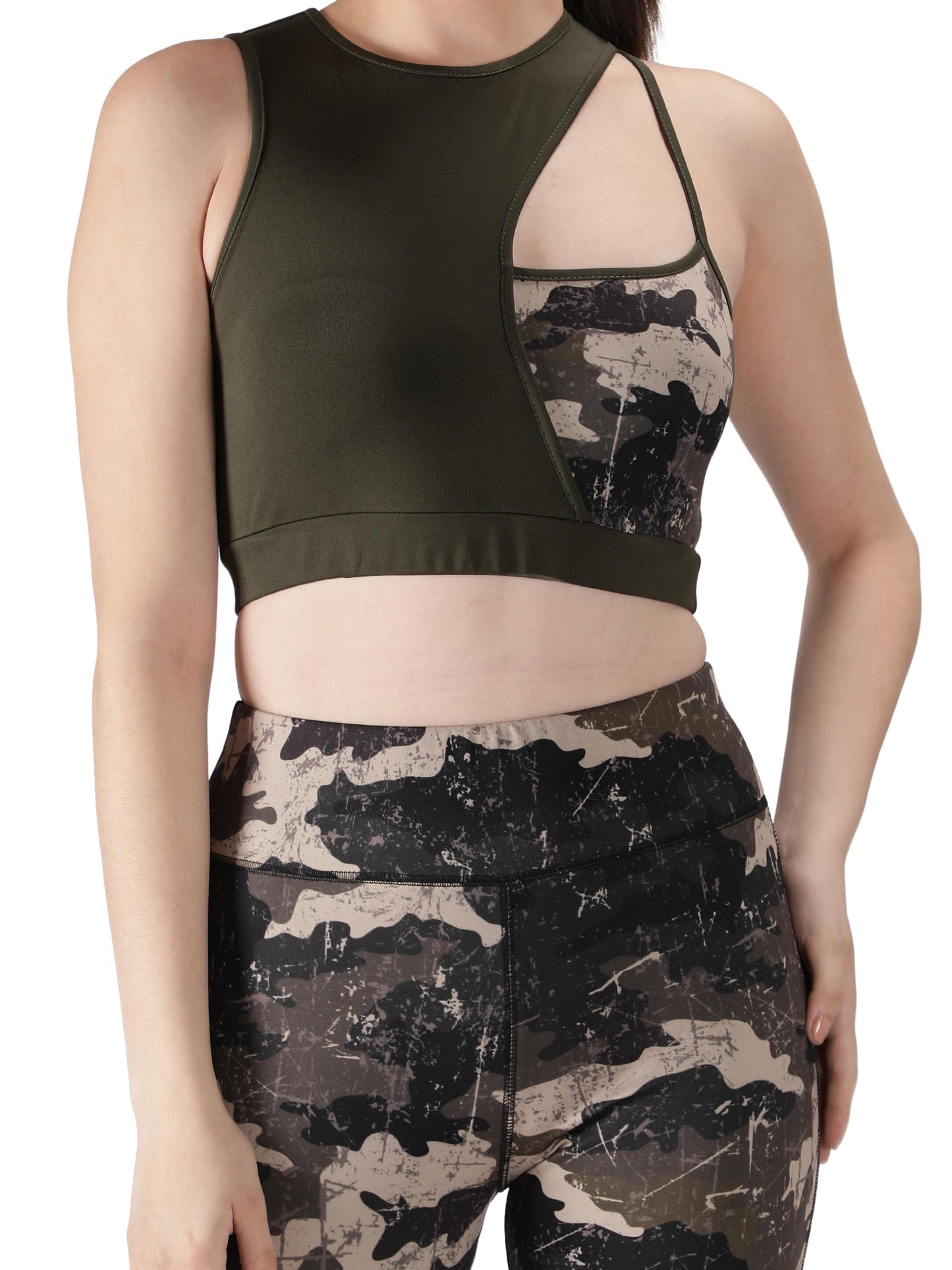 NUEVOSDAMAS Camaouflage Printed Women Active WearTracksuit | Gym Wear Padded Top And Bottom Set | Dry Fit Women Active Wear Combo Set_olive green