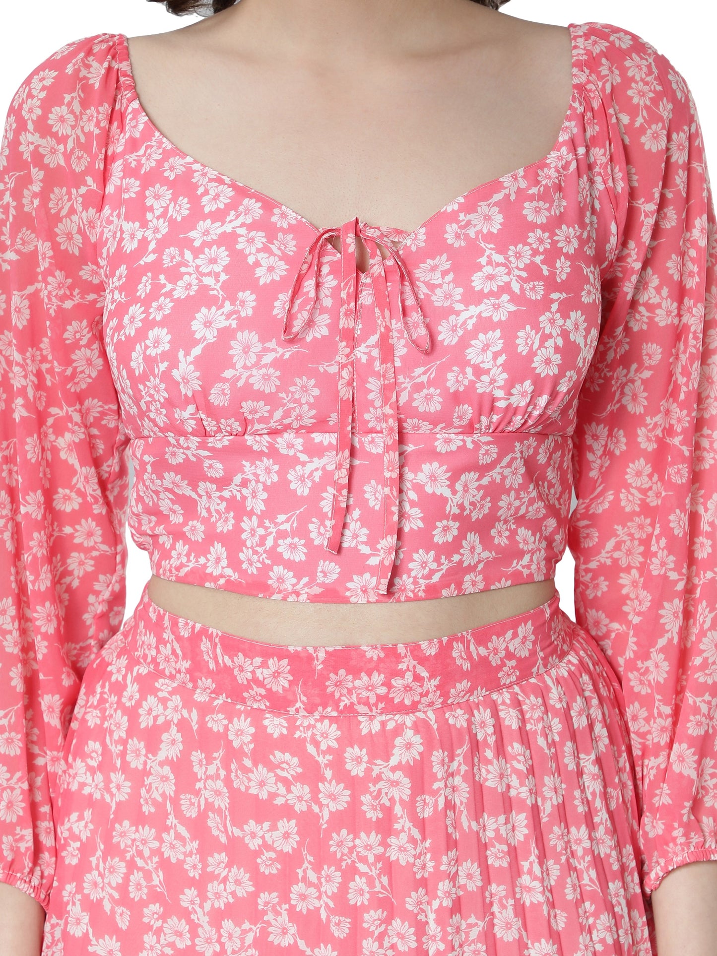 NUEVOSDAMAS Georgette Floral Printed Balloon Sleeve Pink Top