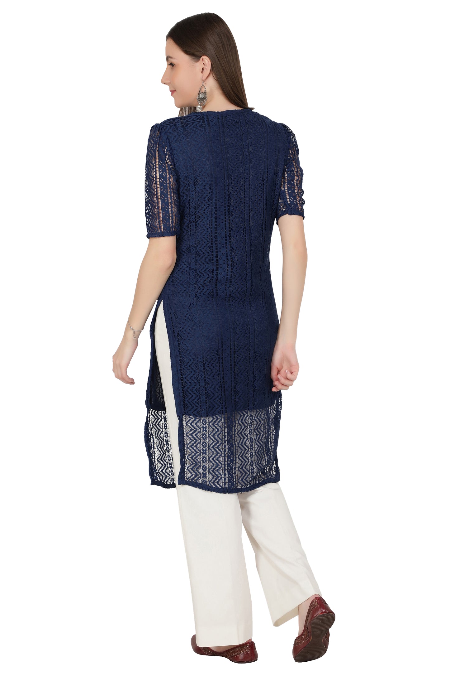 Women Printed Cotton Blend Straight Kurta (Dark Blue)
