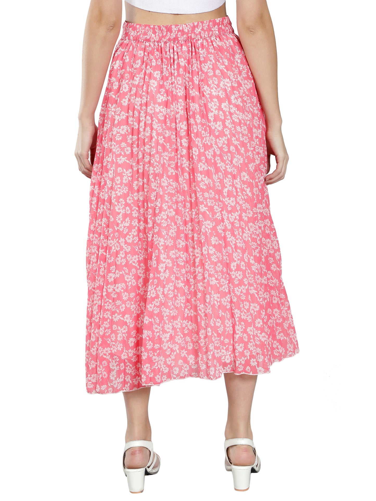 NUEVOSDAMAS Women Georgette Floral Printed Pleated Pink Skirt