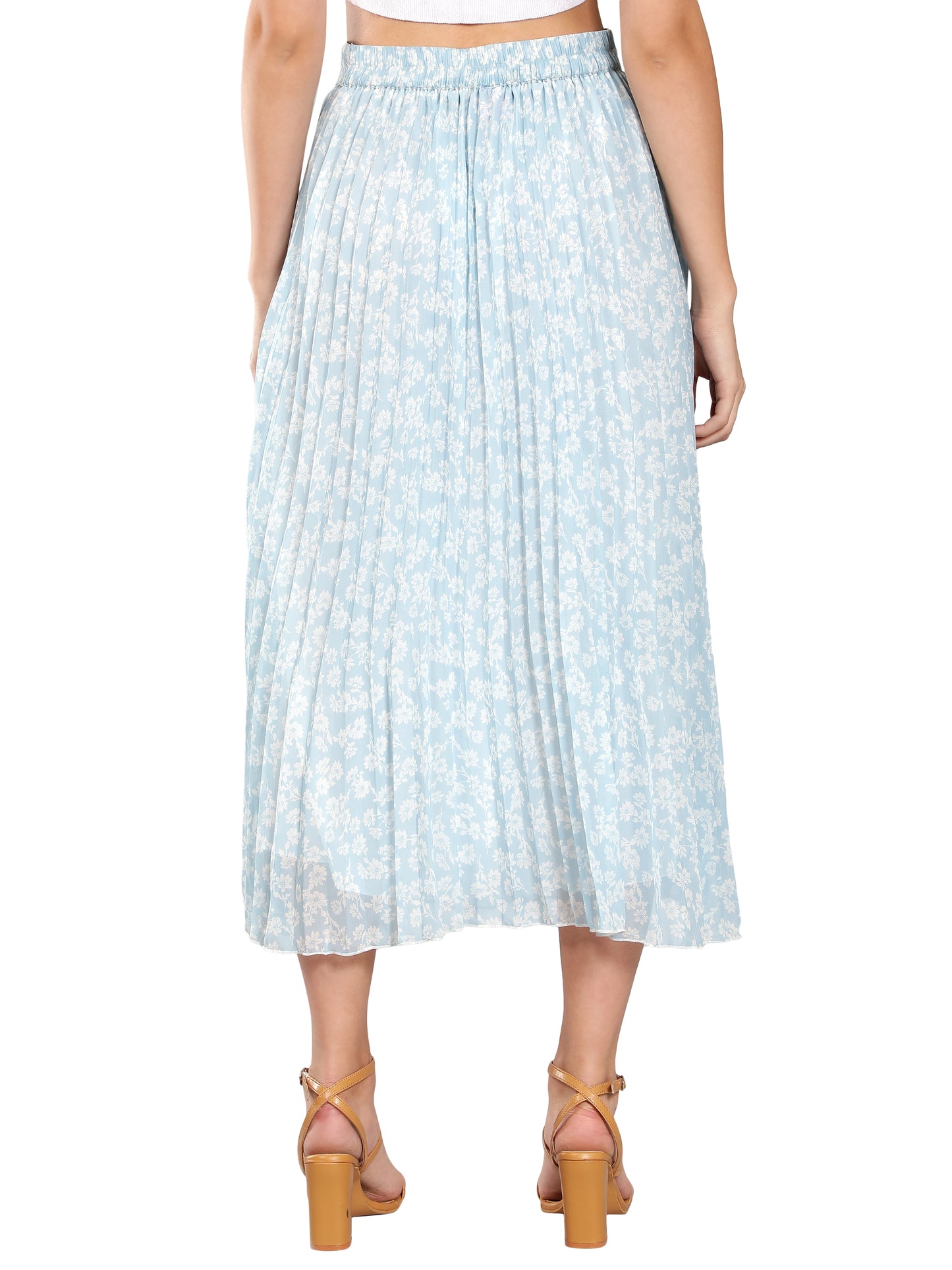 NUEVOSDAMAS Women Georgette Floral Printed Pleated Light Blue Skirt