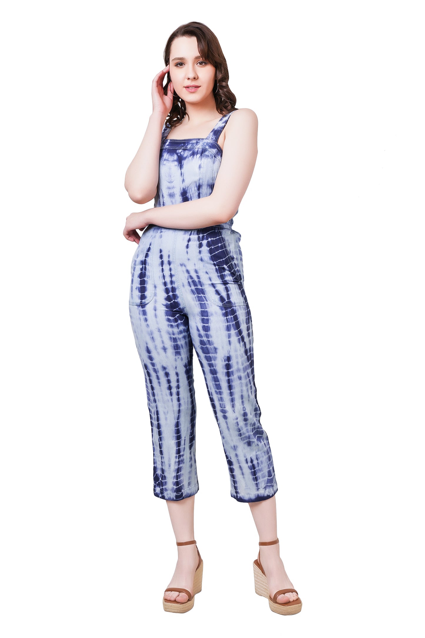 NUEVOSDAMAS COTTON SHIBORI PRINTED SLEEVELESS BLUE JUMPSUIT