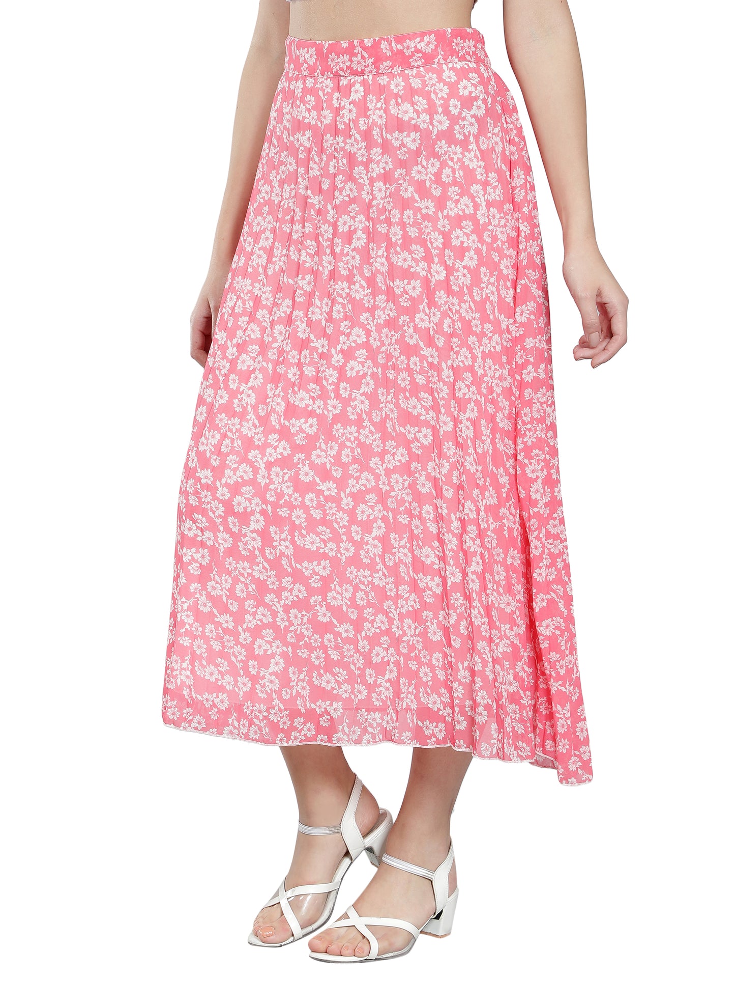 NUEVOSDAMAS Women Georgette Floral Printed Pleated Pink Skirt