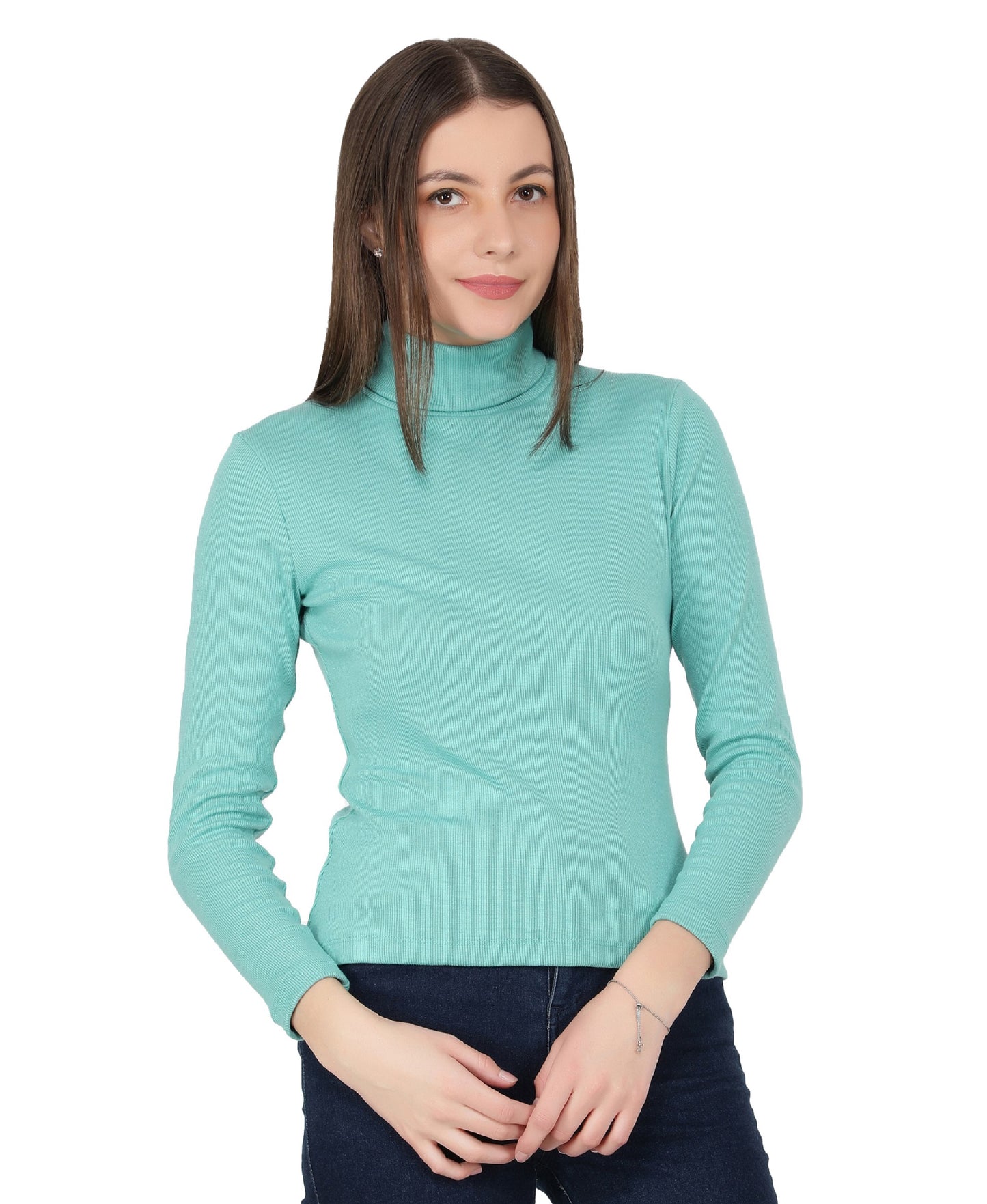 Women Roll-Up Ribbed Solid Aqua High Neck Tops Turtle Neck Top for Women