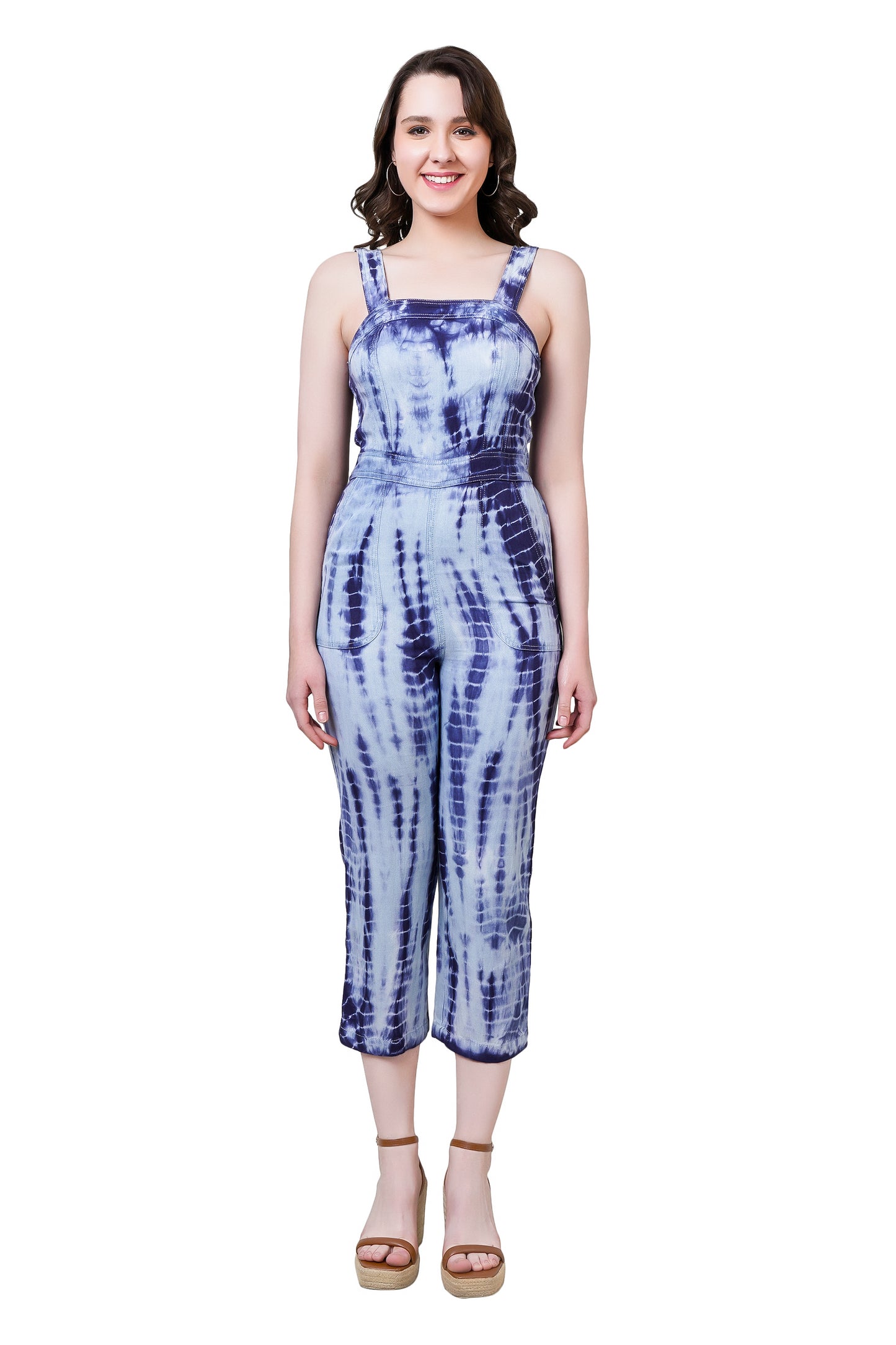 NUEVOSDAMAS COTTON SHIBORI PRINTED SLEEVELESS BLUE JUMPSUIT