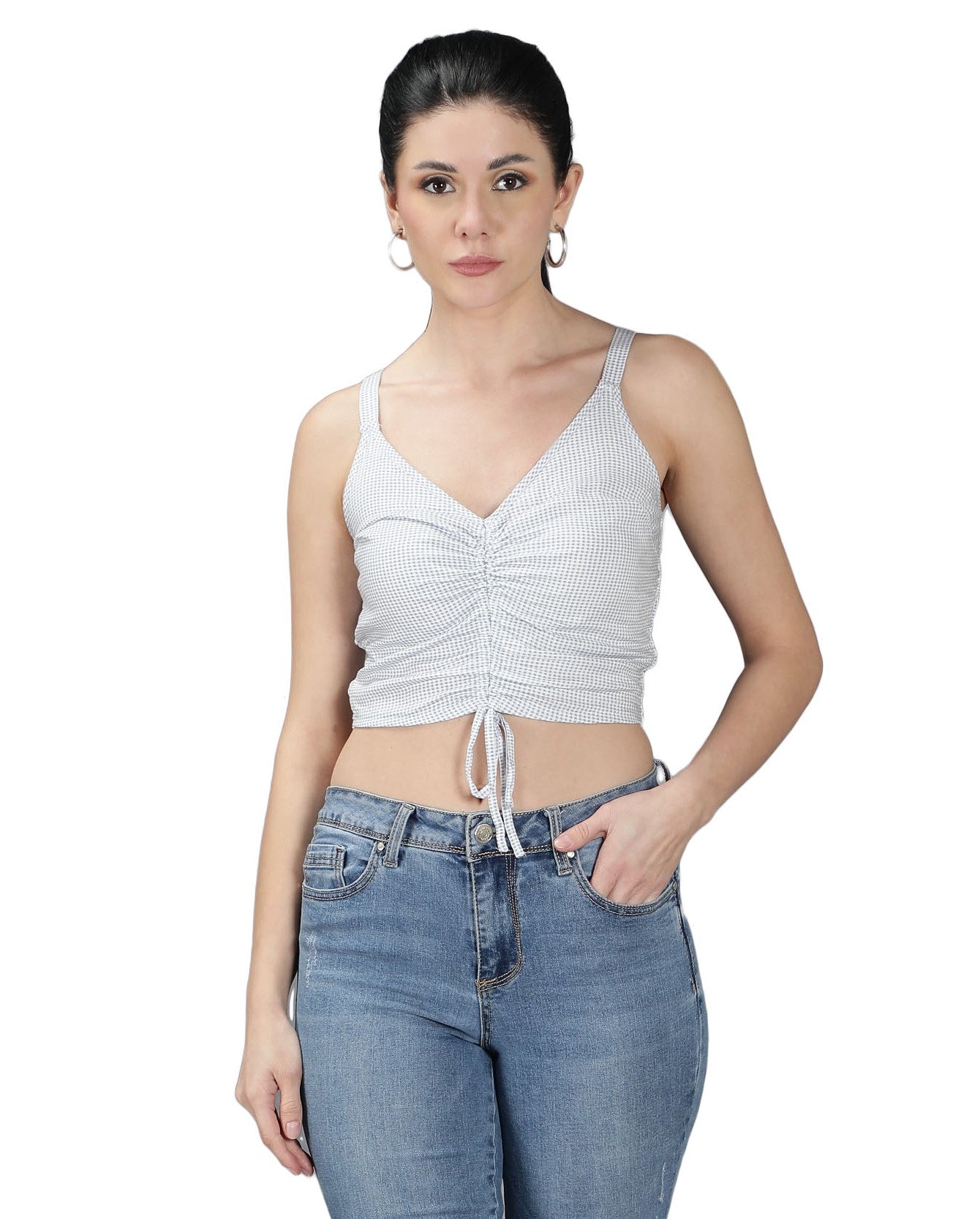 NUEVOSDAMAS Women Rayon Gingham Printed Smocked Blue Crop Top