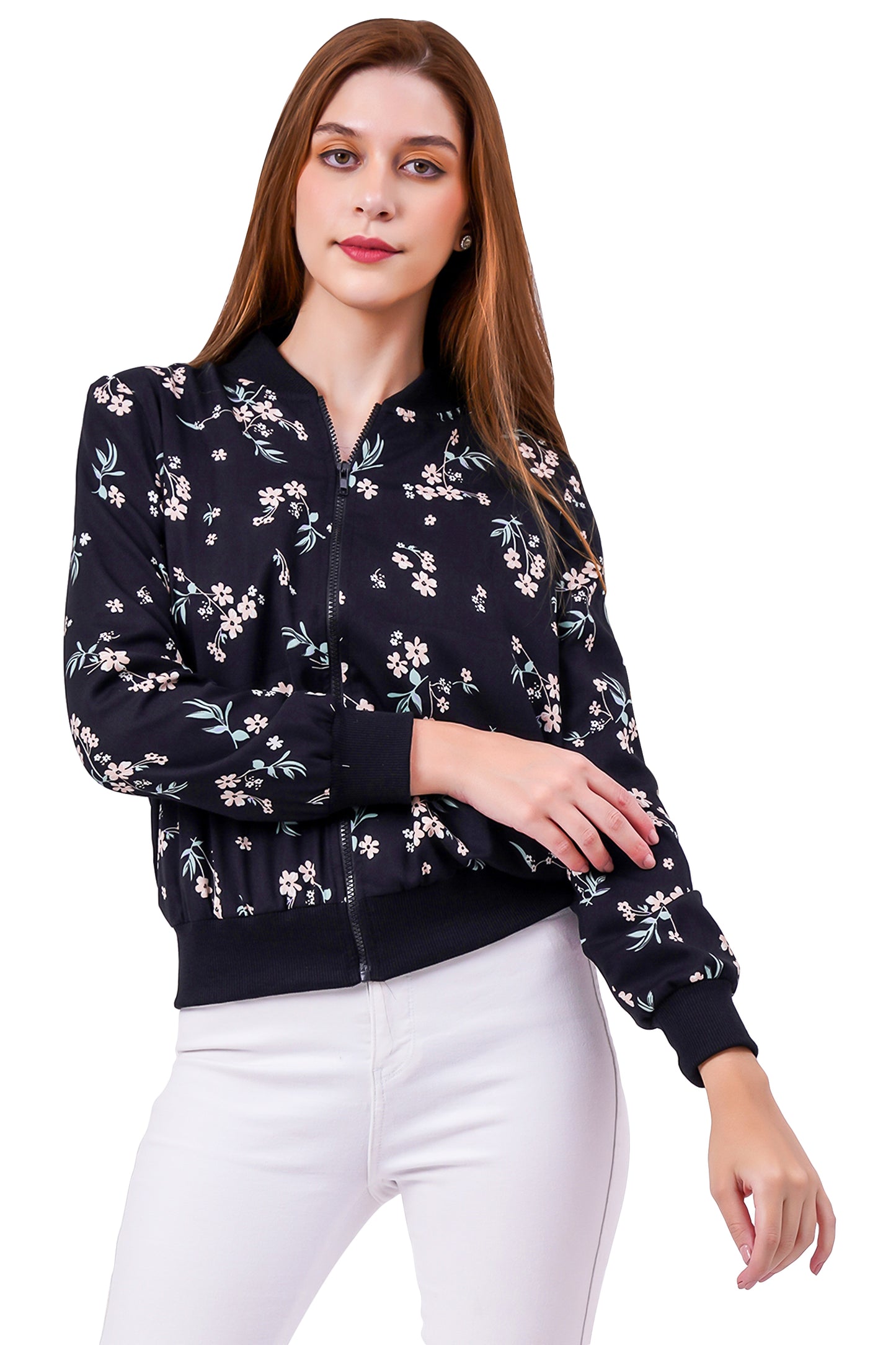 NUEVOSDAMAS FLORAL PRINTED BLACK BOMBER JACKET