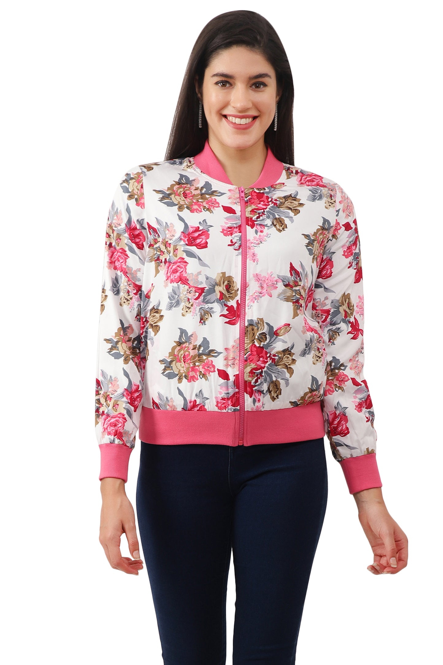 NUEVOSDAMAS Women Printed Full Sleeve Bomber jacket | Latest Stylish Floral Printed Women Jacket | Light Weight Crepe Jacket for women_ Pink/White