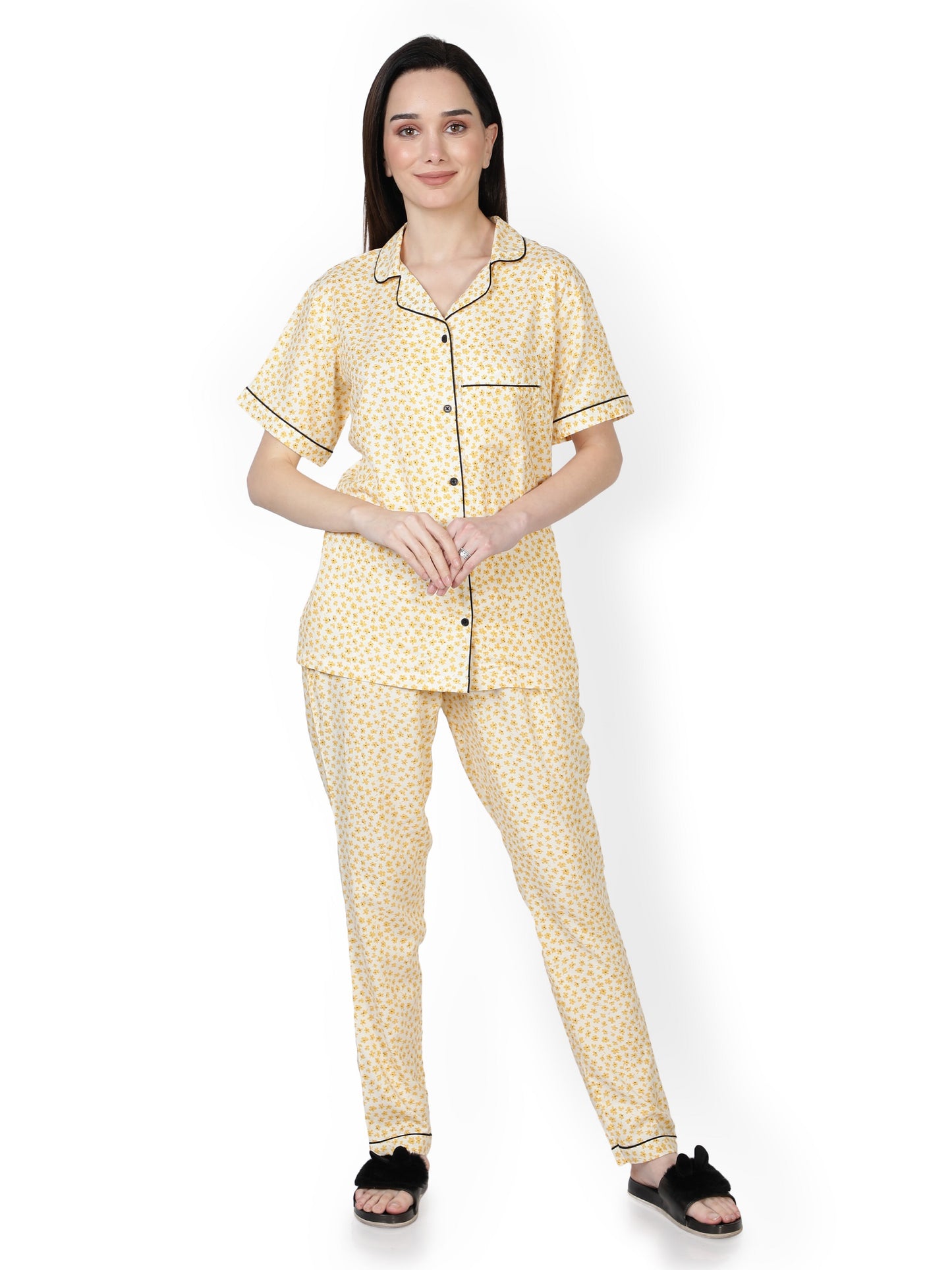 NUEVOSDAMAS Women Rayon Yellow & White Printed Night Suit Set