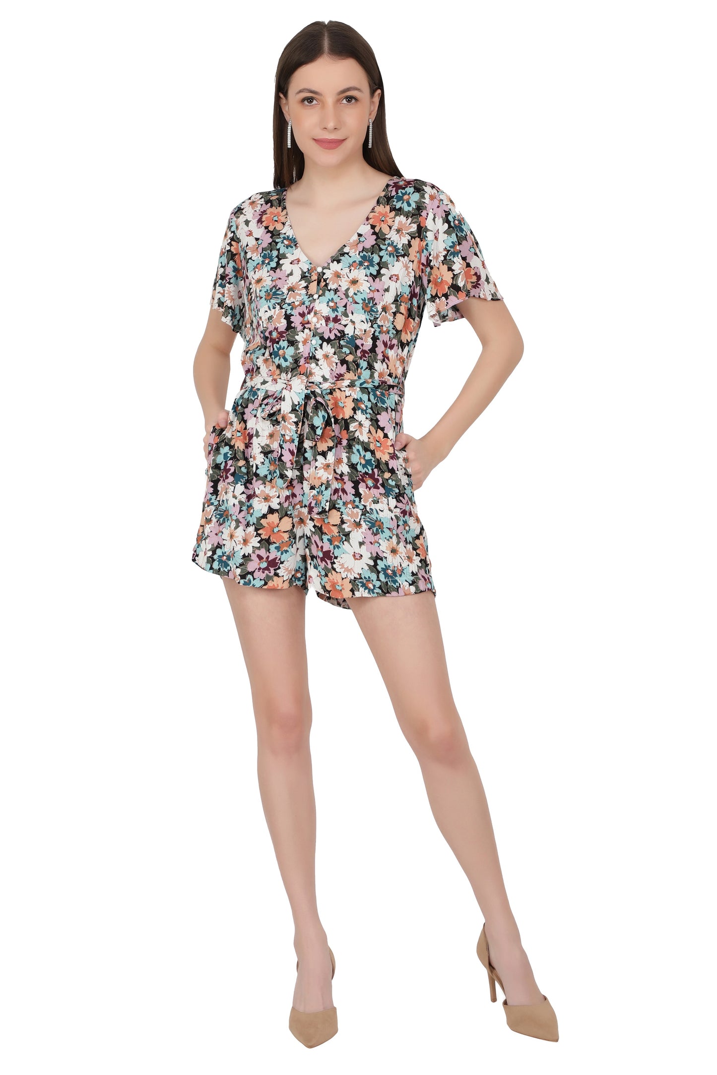 NUEVOSDAMAS Women's Summer V Neck Jumpsuits Casual half Sleeves Romper Button Up Front Tie Knot Floral Printed Short Jumpsuit Rompers Playsuits