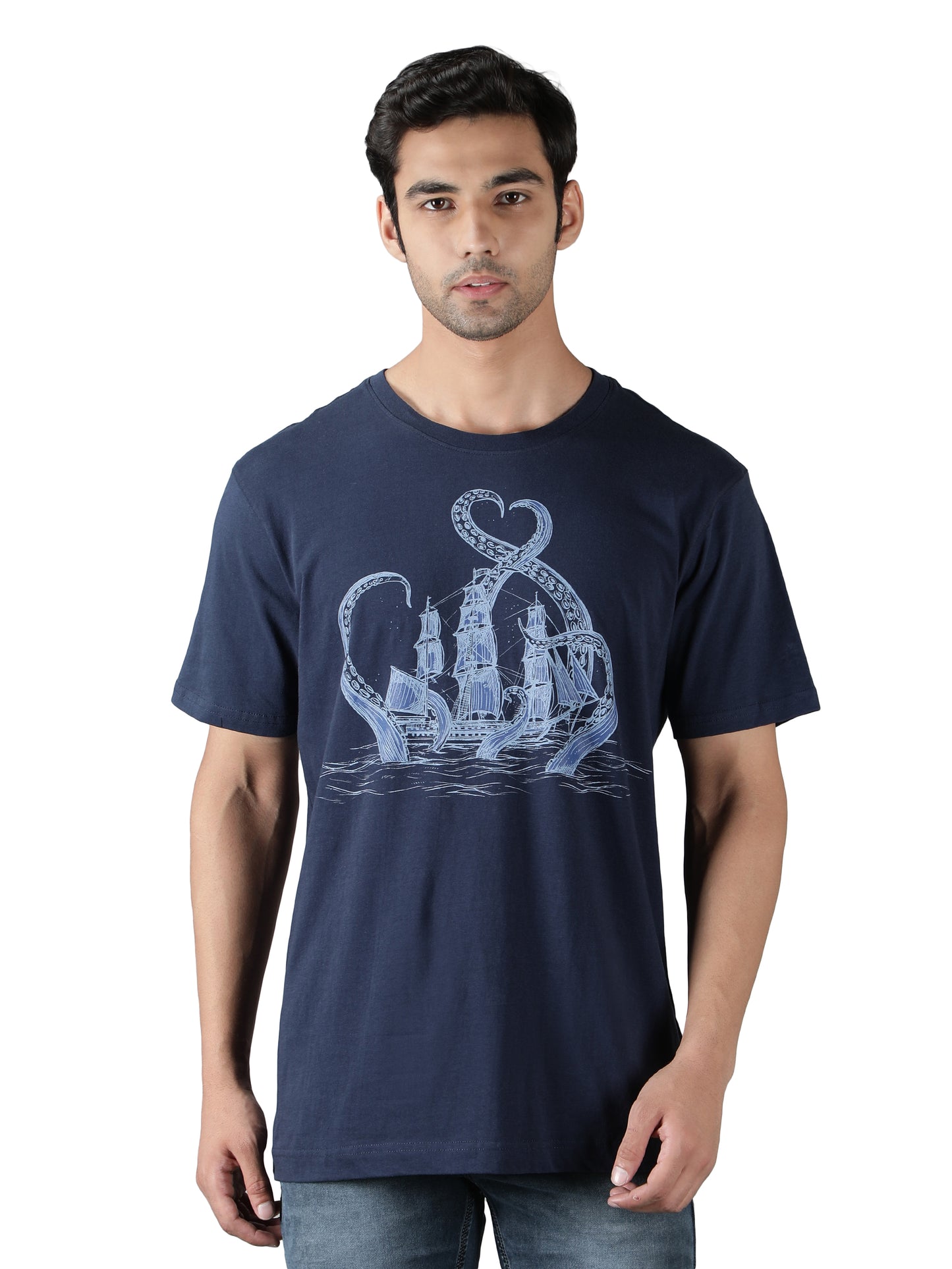 NUEVOSPORTA Men's Cotton Ship Printed Navy Blue T-Shirt