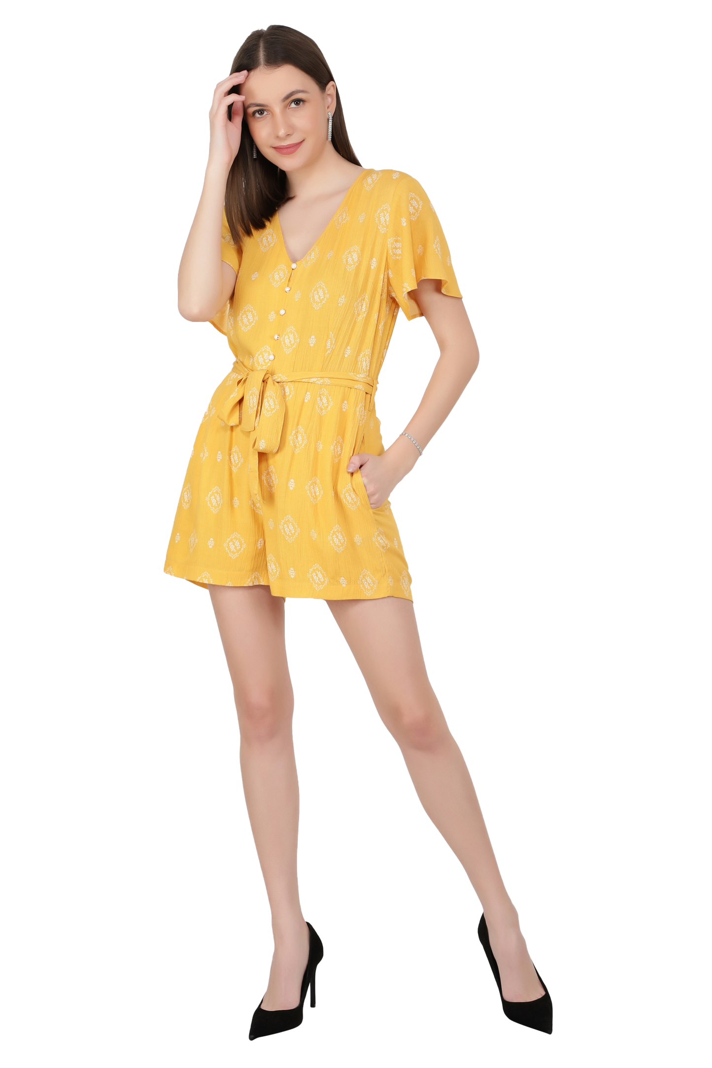 NUEVOSDAMAS Women's Summer V Neck Jumpsuits Casual half Sleeves Romper Button Up Front Tie Knot Floral Printed Short Jumpsuit Rompers Playsuits
