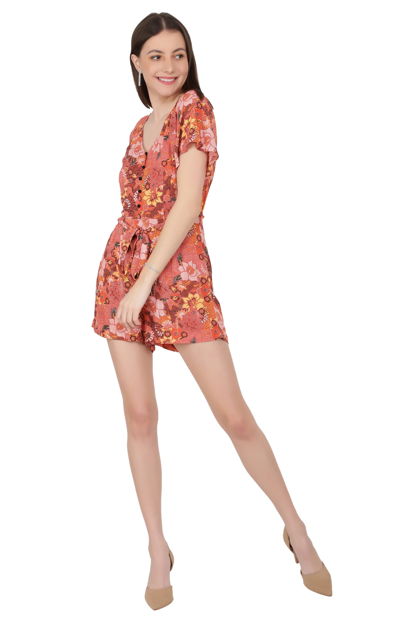 NUEVOSDAMAS Women's Summer V Neck Jumpsuits Casual half Sleeves Romper Button Up Front Tie Knot Floral Printed Short Jumpsuit Rompers Playsuits