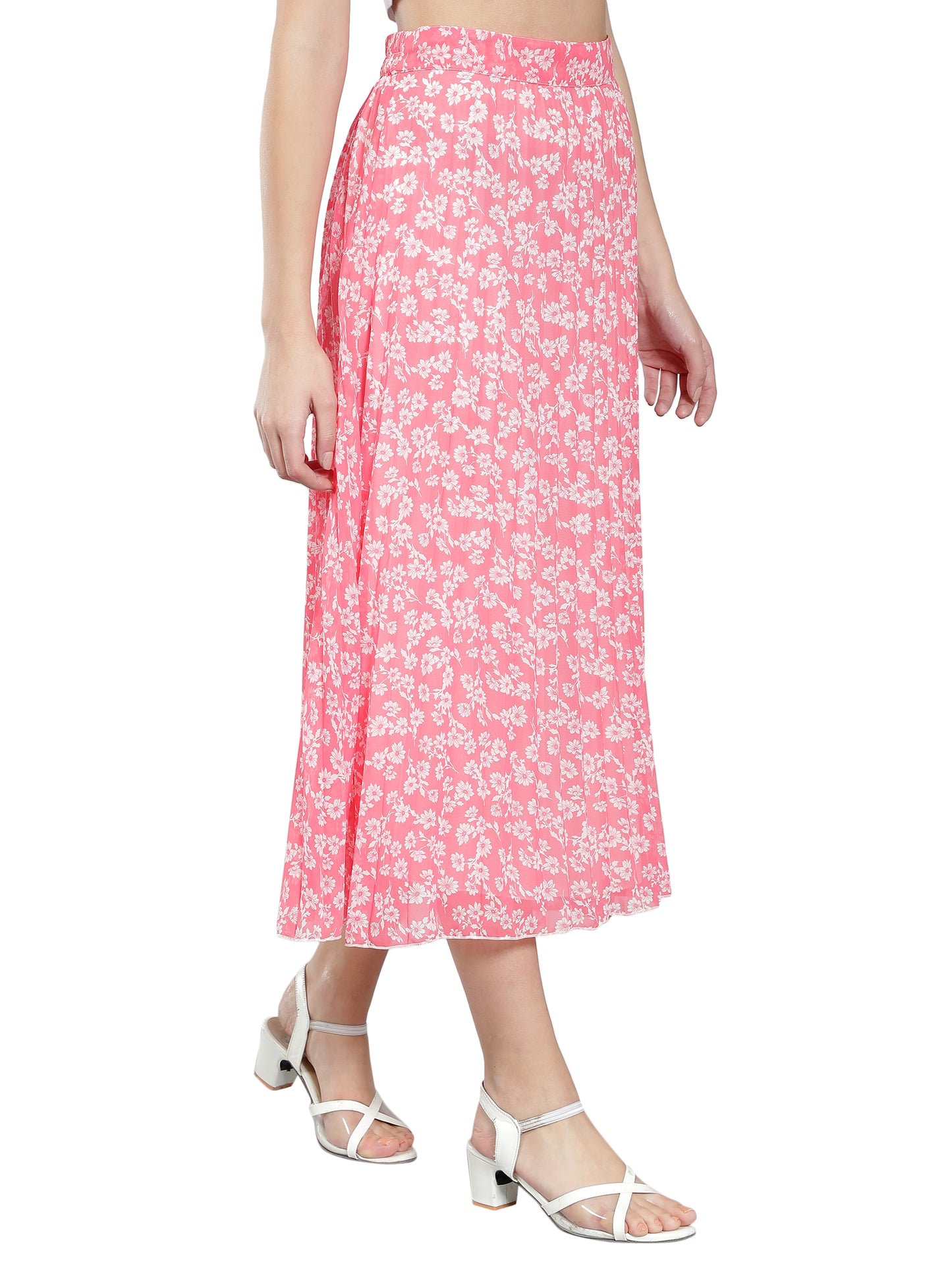 NUEVOSDAMAS Women Georgette Floral Printed Pleated Pink Skirt