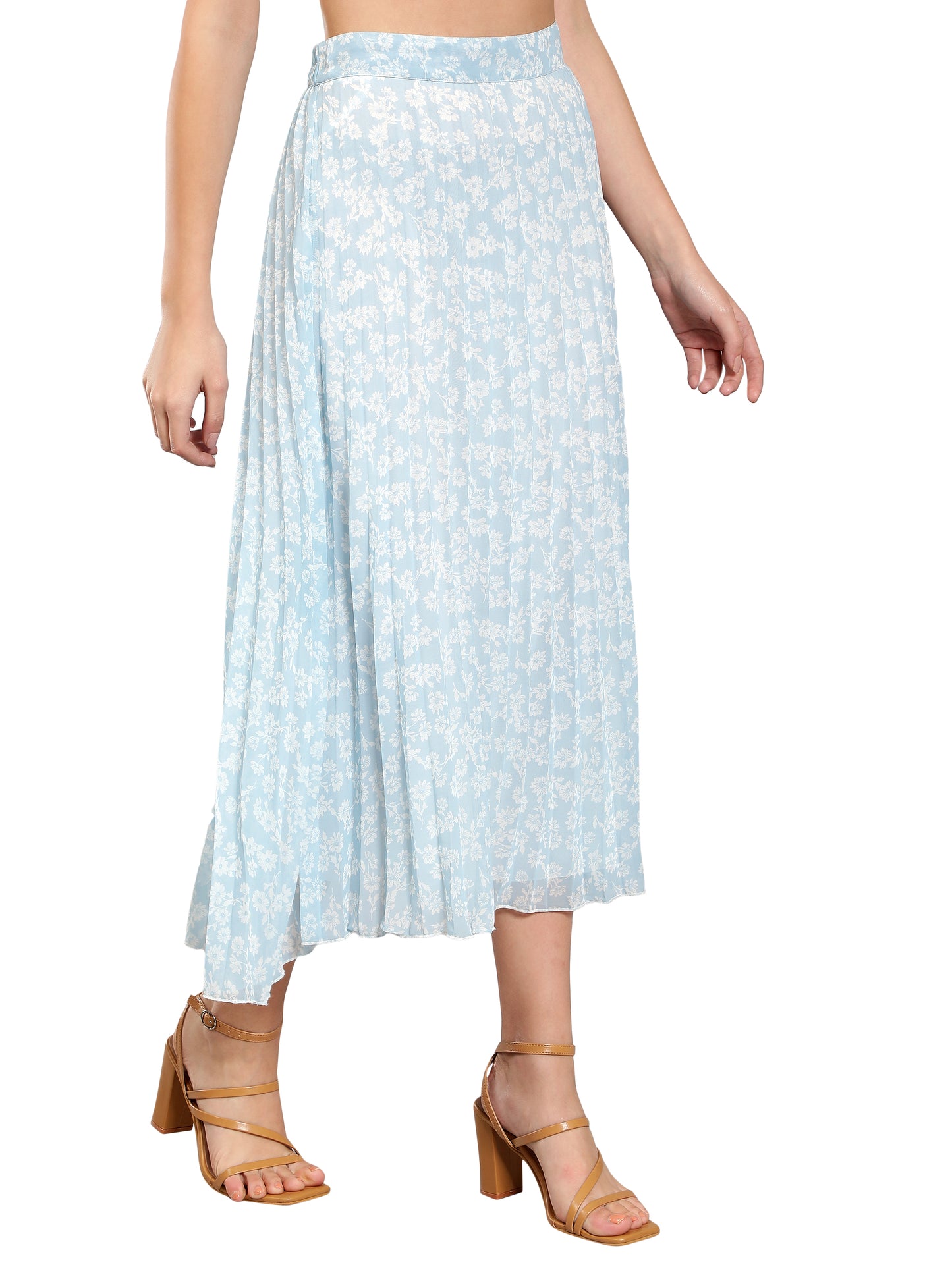 NUEVOSDAMAS Women Georgette Floral Printed Pleated Light Blue Skirt