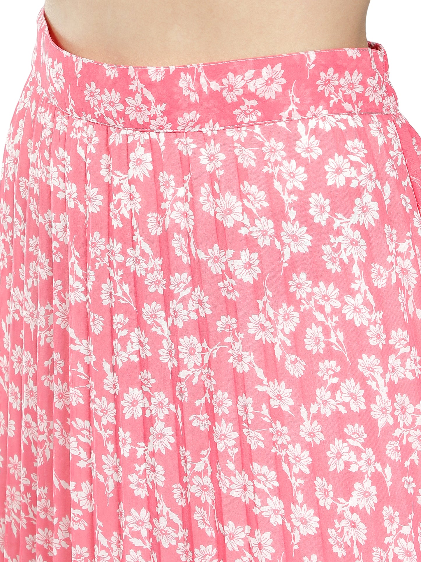NUEVOSDAMAS Women Georgette Floral Printed Pleated Pink Skirt