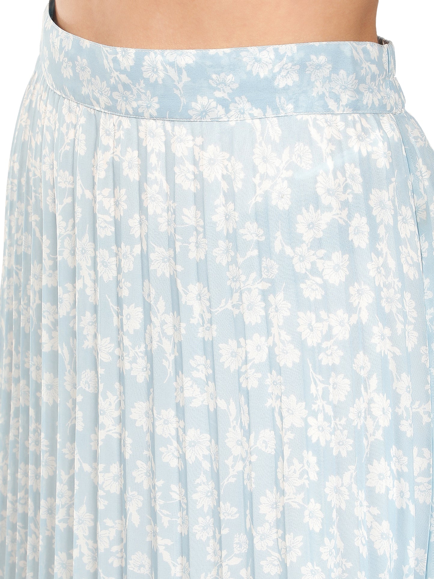 NUEVOSDAMAS Women Georgette Floral Printed Pleated Light Blue Skirt