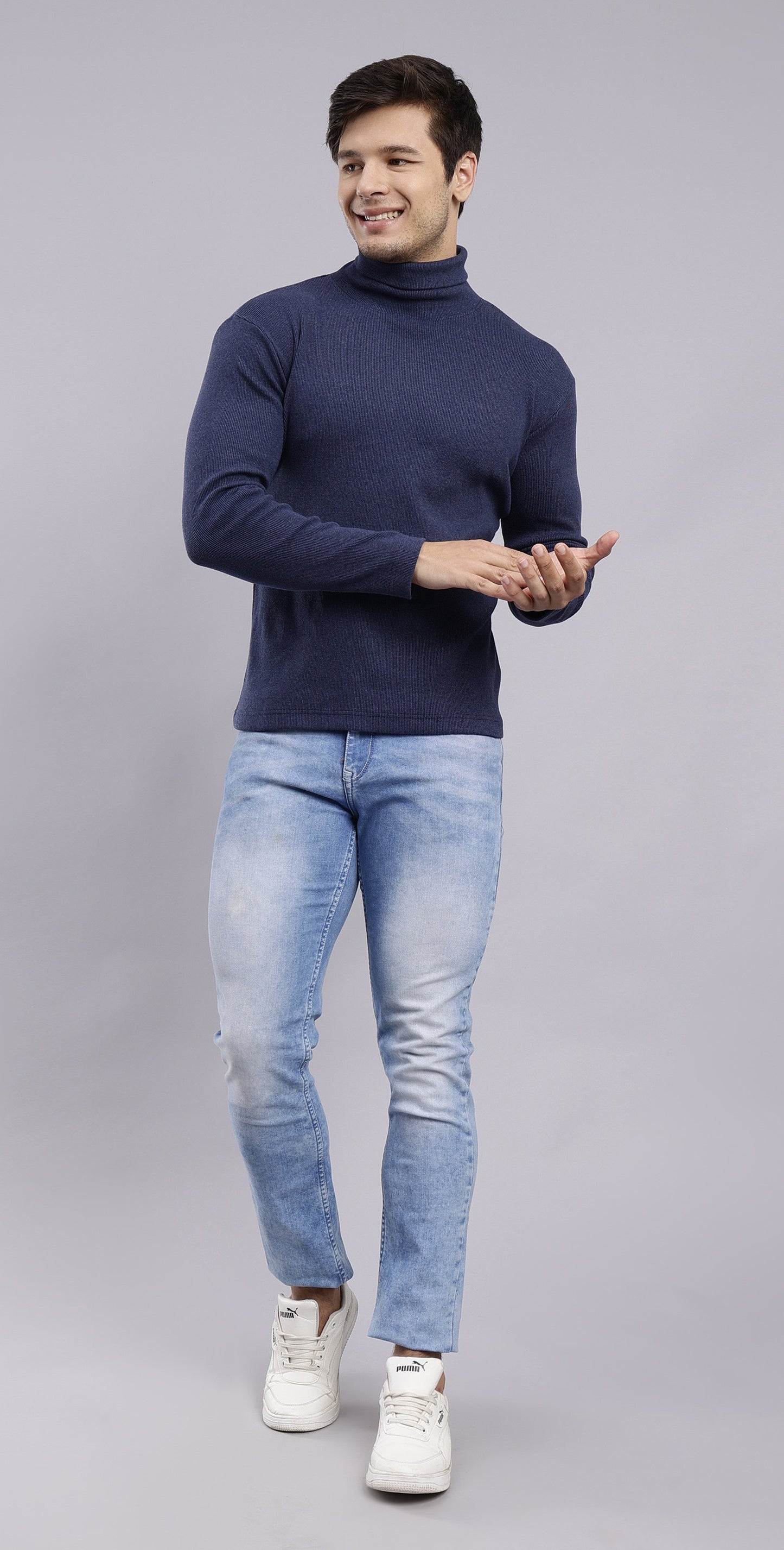 NUEVOSPORTA Mens Solid Blue Turtle Neck Rib Sweater | Basic High Neck Sweater | Plain Jumper