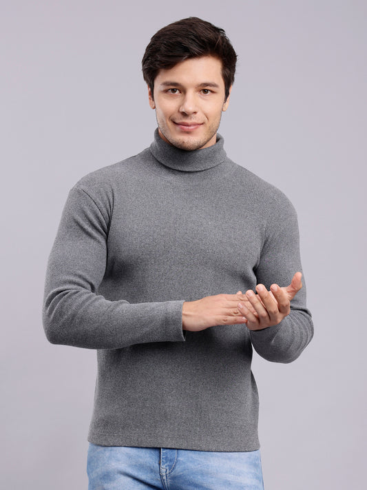 NUEVOSPORTA Mens Melange Charcoal Grey Turtle Neck Rib Sweater | Basic High Neck Sweater | Plain Jumper