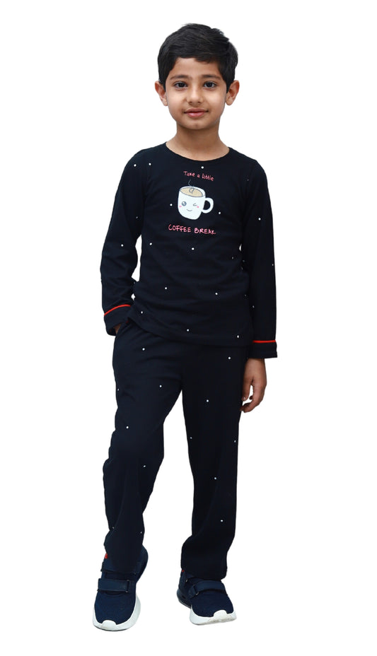 NUEVOSKIDDOS Kids Printed Black Cotton Jersey Night Suit